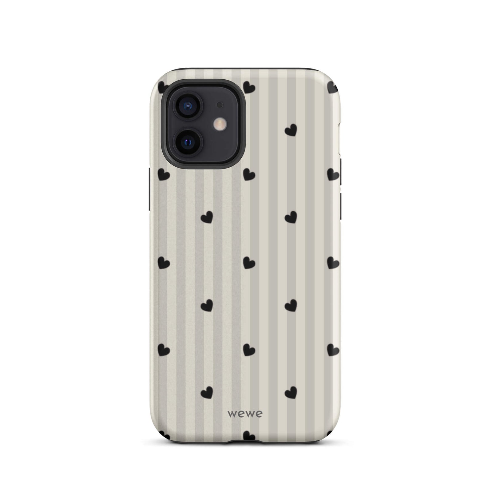 Custom iPhone case 12 with a subtle beige and white vertical stripe background, scattered black hearts.