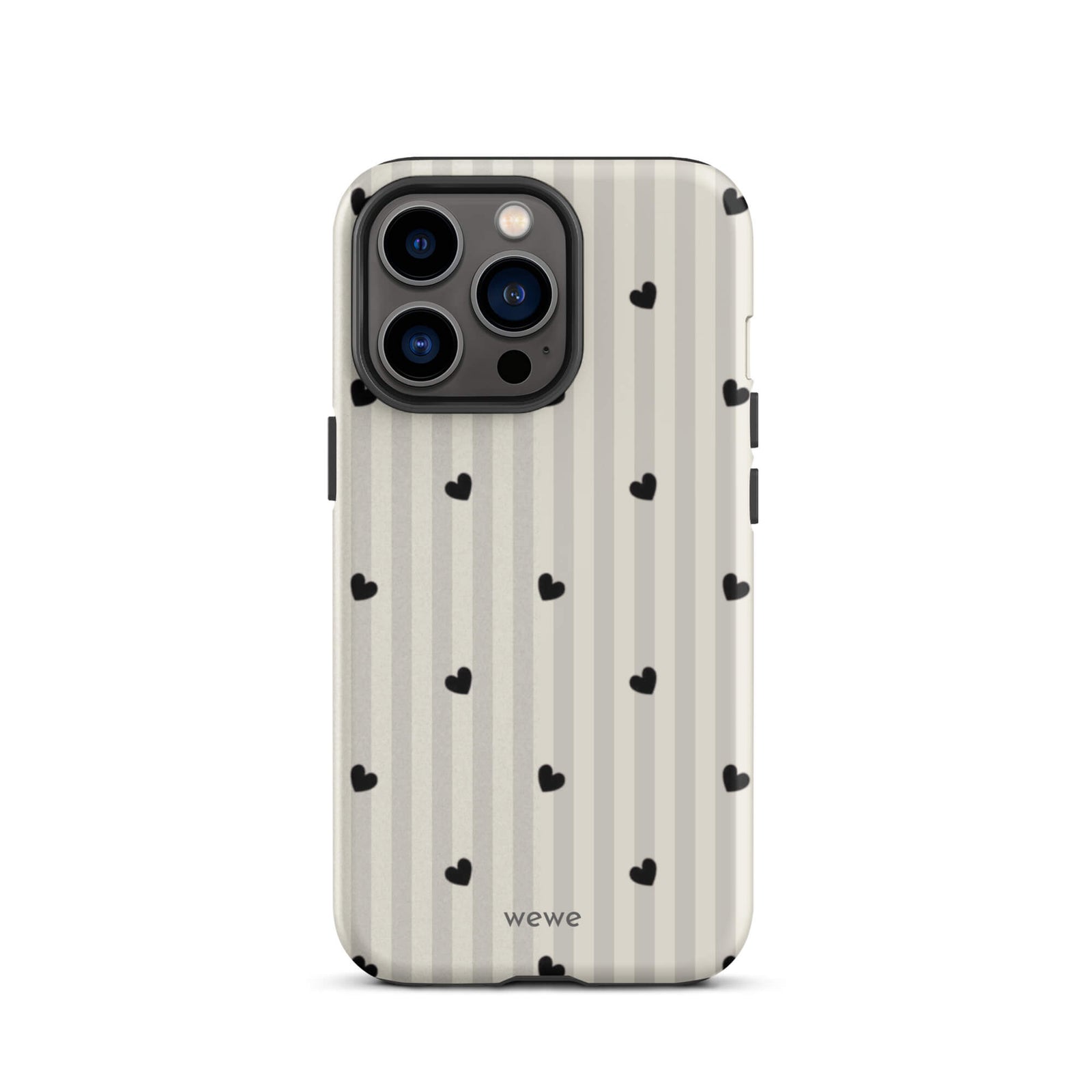 Custom iPhone case 13 pro with a subtle beige and white vertical stripe background, scattered black hearts.