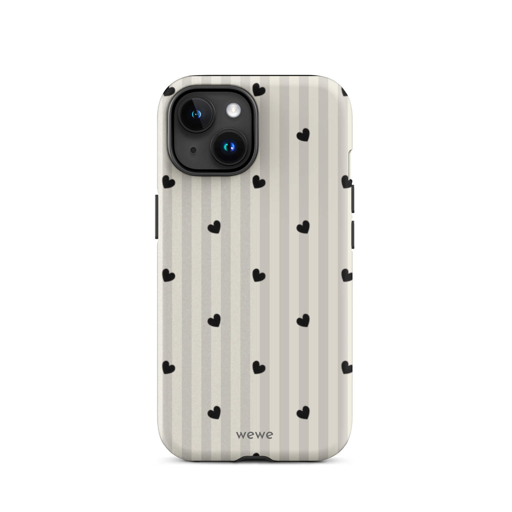 Custom iPhone case 15 with a subtle beige and white vertical stripe background, scattered black hearts.
