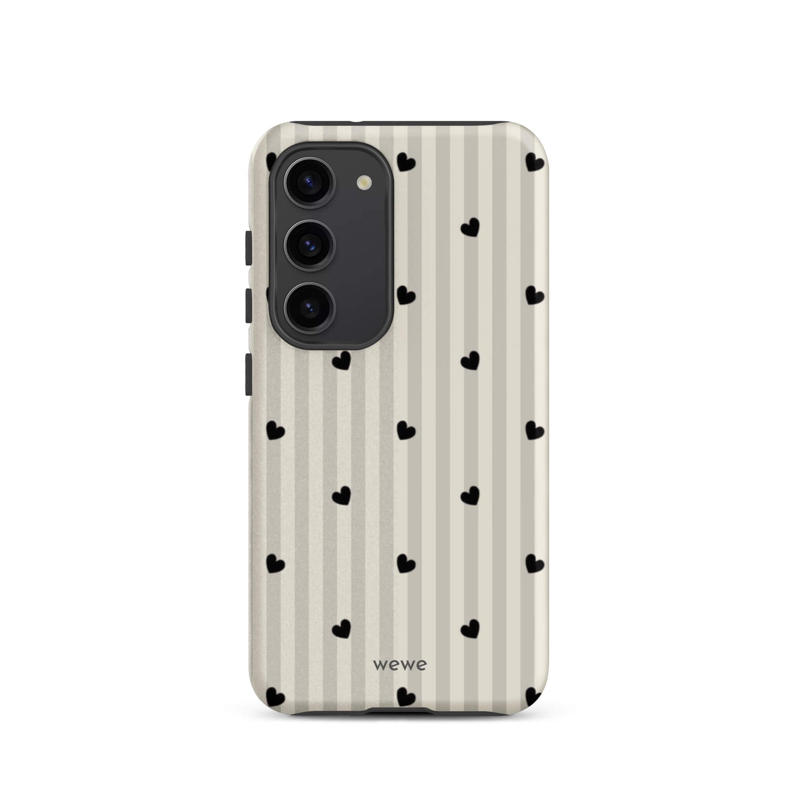 Custom samsung galaxy s23  Phone case max with a subtle beige and white vertical stripe background, scattered black hearts.