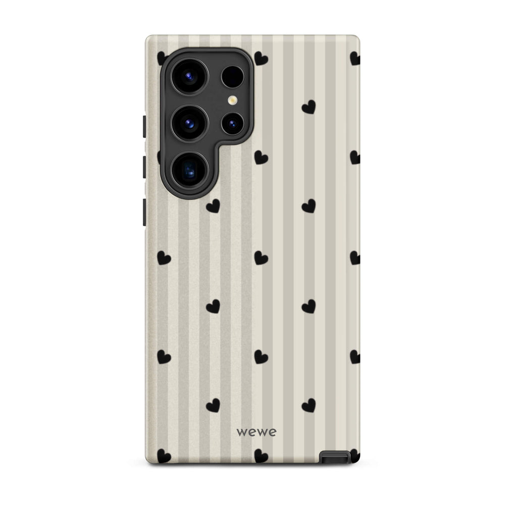 Custom samsung galaxy s24 ultra  Phone case max with a subtle beige and white vertical stripe background, scattered black hearts.