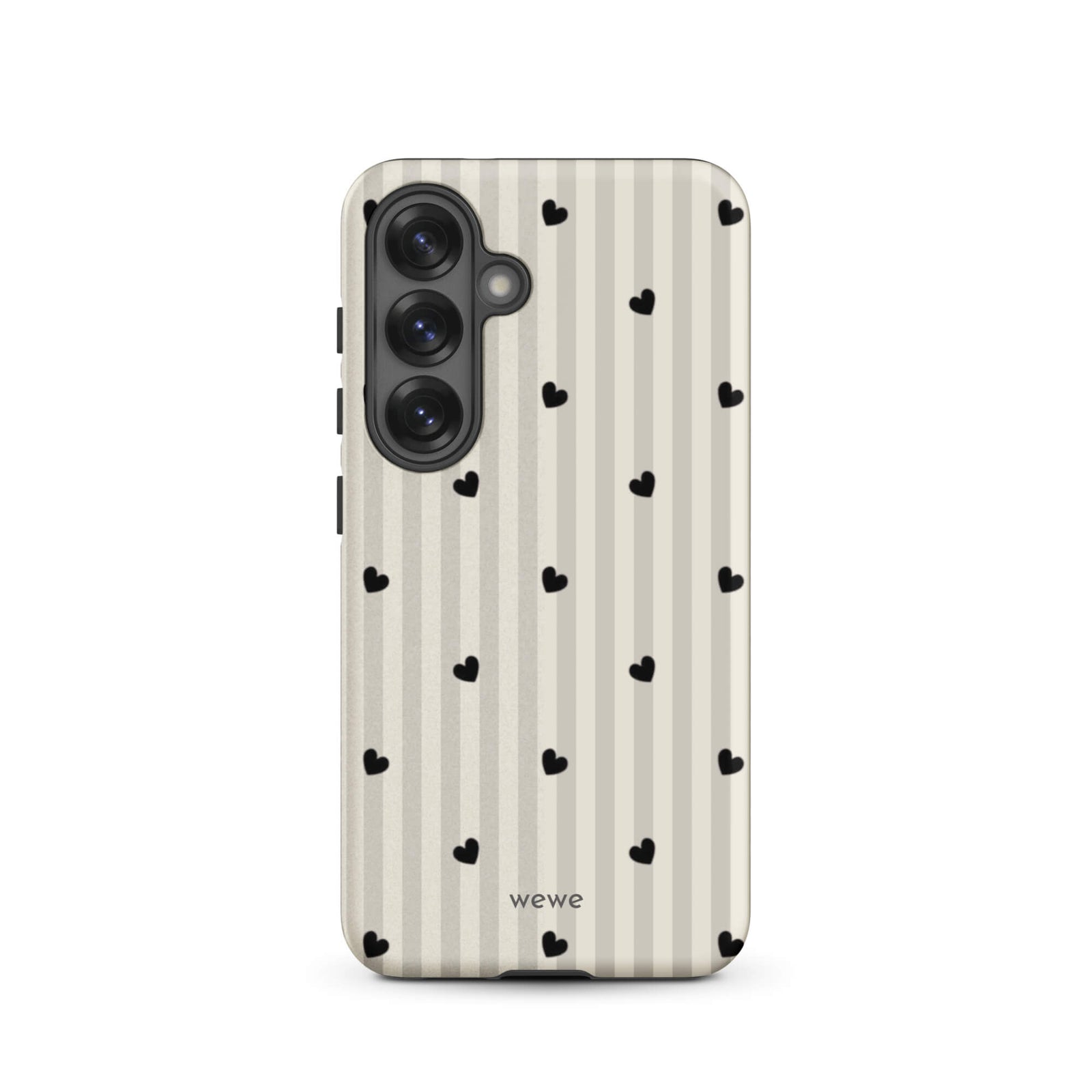 Custom samsung galaxy s25 Phone case max with a subtle beige and white vertical stripe background, scattered black hearts.