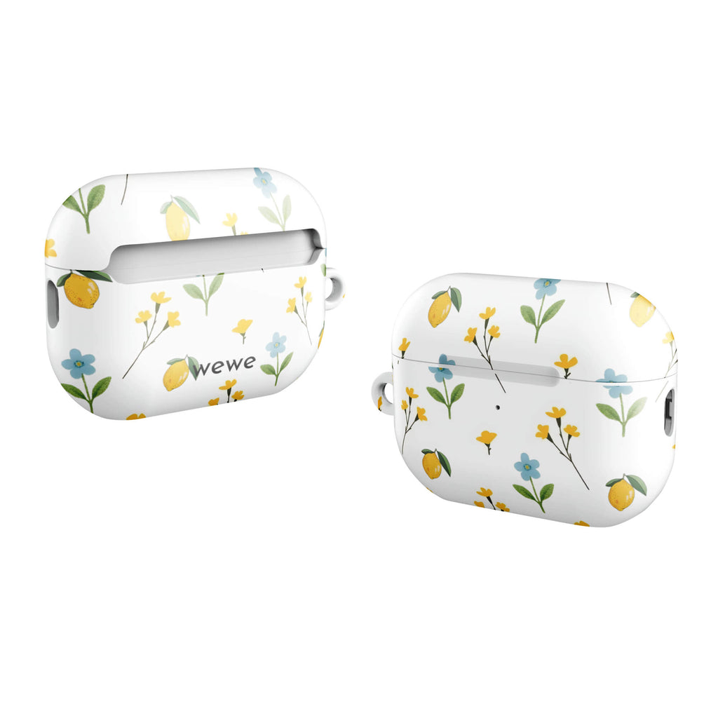 Custom AirPods case pro gen2 with a cute and whimsical pattern of watercolor lemons, yellow and blue flowers on a white background.