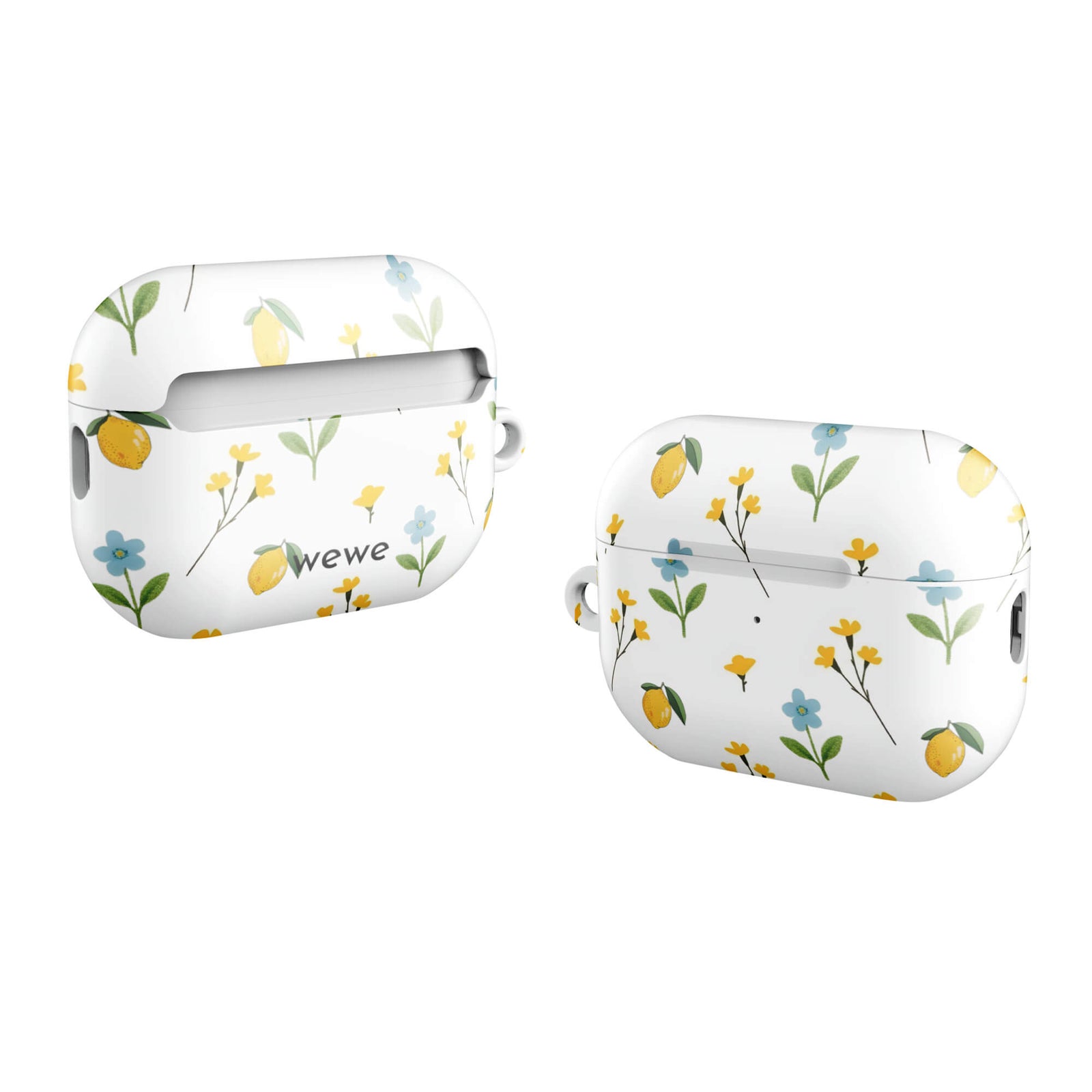 Custom AirPods case pro gen2 with a cute and whimsical pattern of watercolor lemons, yellow and blue flowers on a white background.