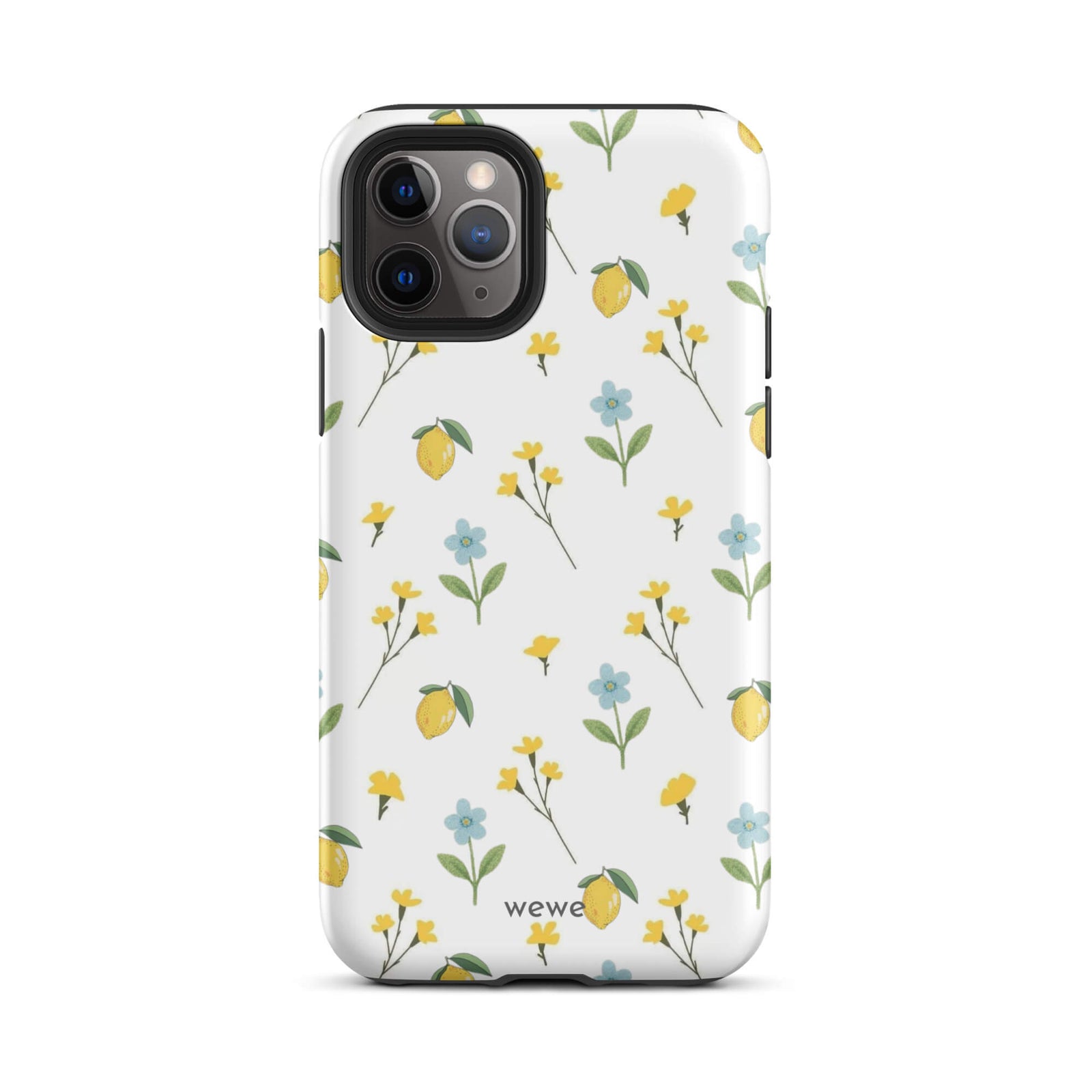 Custom iPhone case 11 pro with a cute and whimsical pattern of watercolor lemons, yellow and blue flowers on a white background.