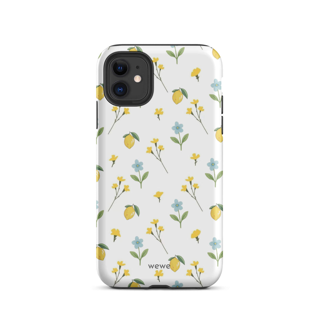 Custom iPhone case 11 with a cute and whimsical pattern of watercolor lemons, yellow and blue flowers on a white background.