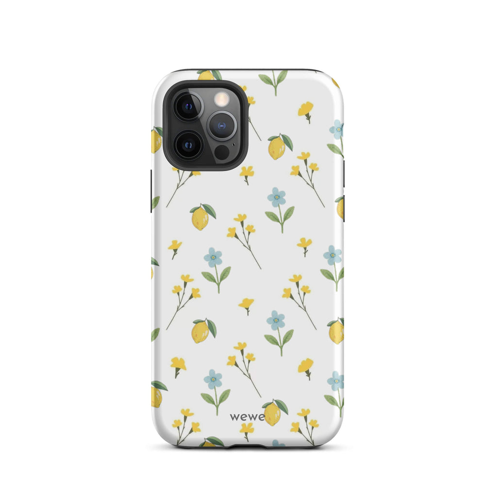 Custom iPhone case 12 pro with a cute and whimsical pattern of watercolor lemons, yellow and blue flowers on a white background.