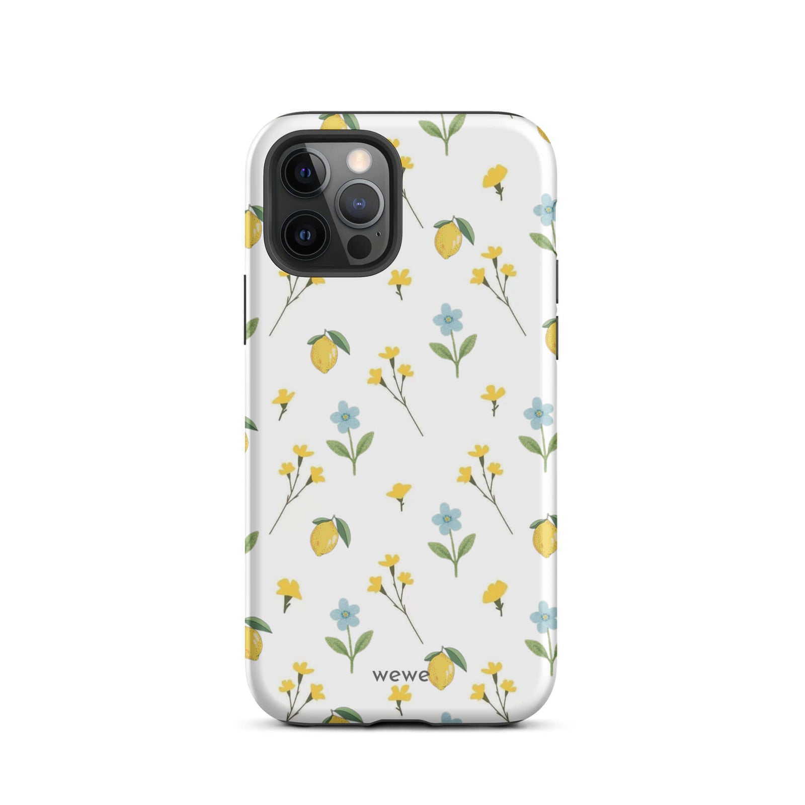 Custom iPhone case 12 pro with a cute and whimsical pattern of watercolor lemons, yellow and blue flowers on a white background.