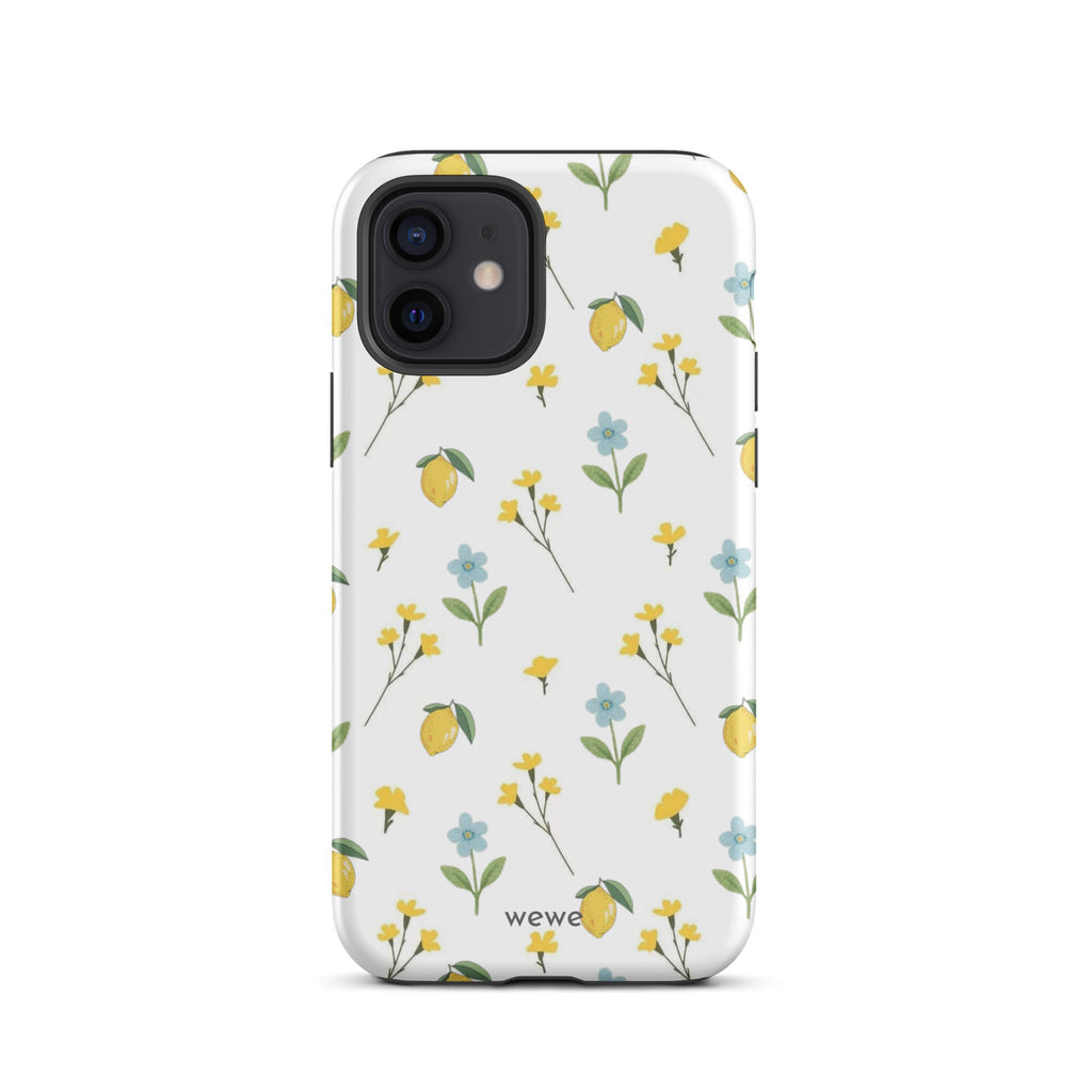 Custom iPhone case 12 with a cute and whimsical pattern of watercolor lemons, yellow and blue flowers on a white background.