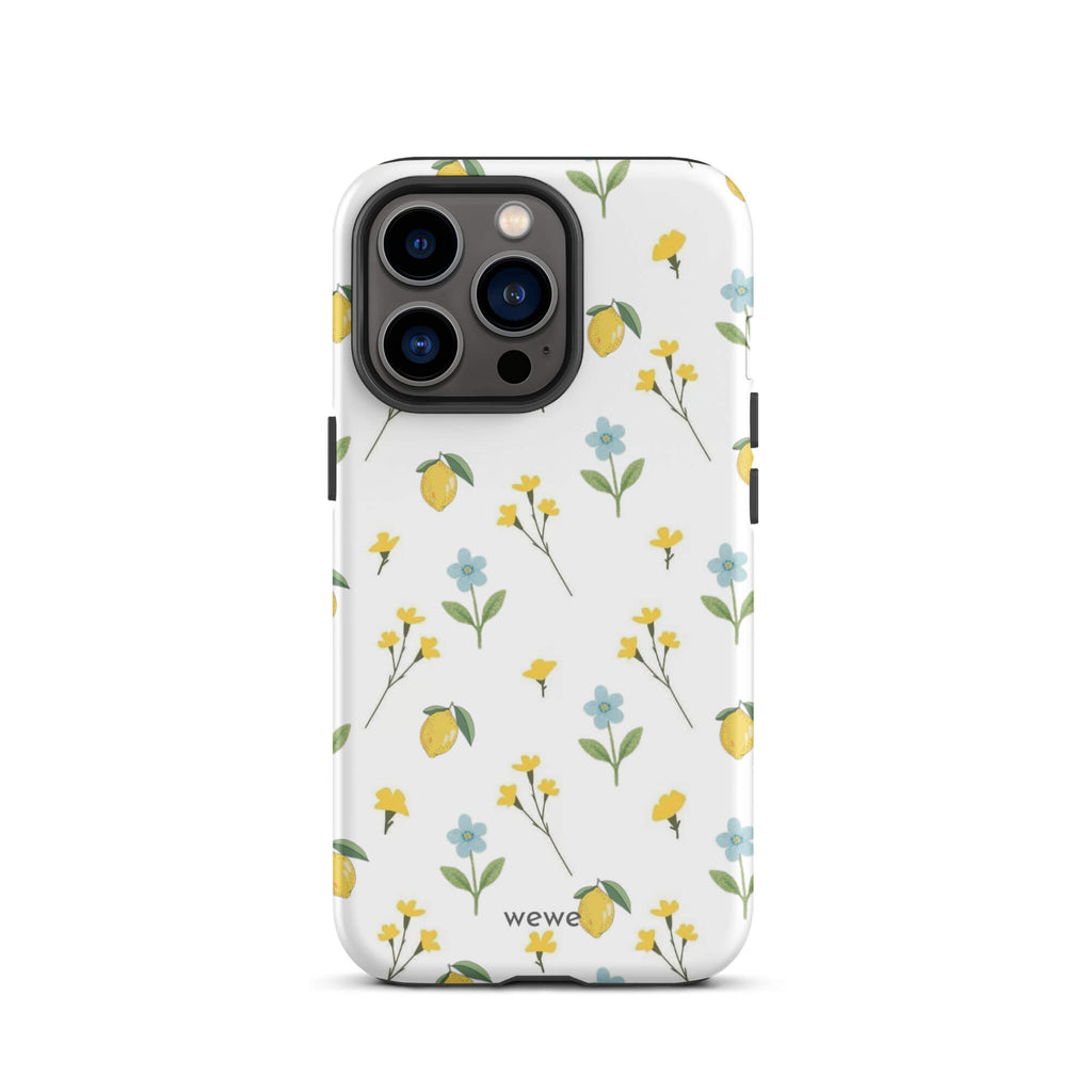 Custom iPhone case 13 pro with a cute and whimsical pattern of watercolor lemons, yellow and blue flowers on a white background.