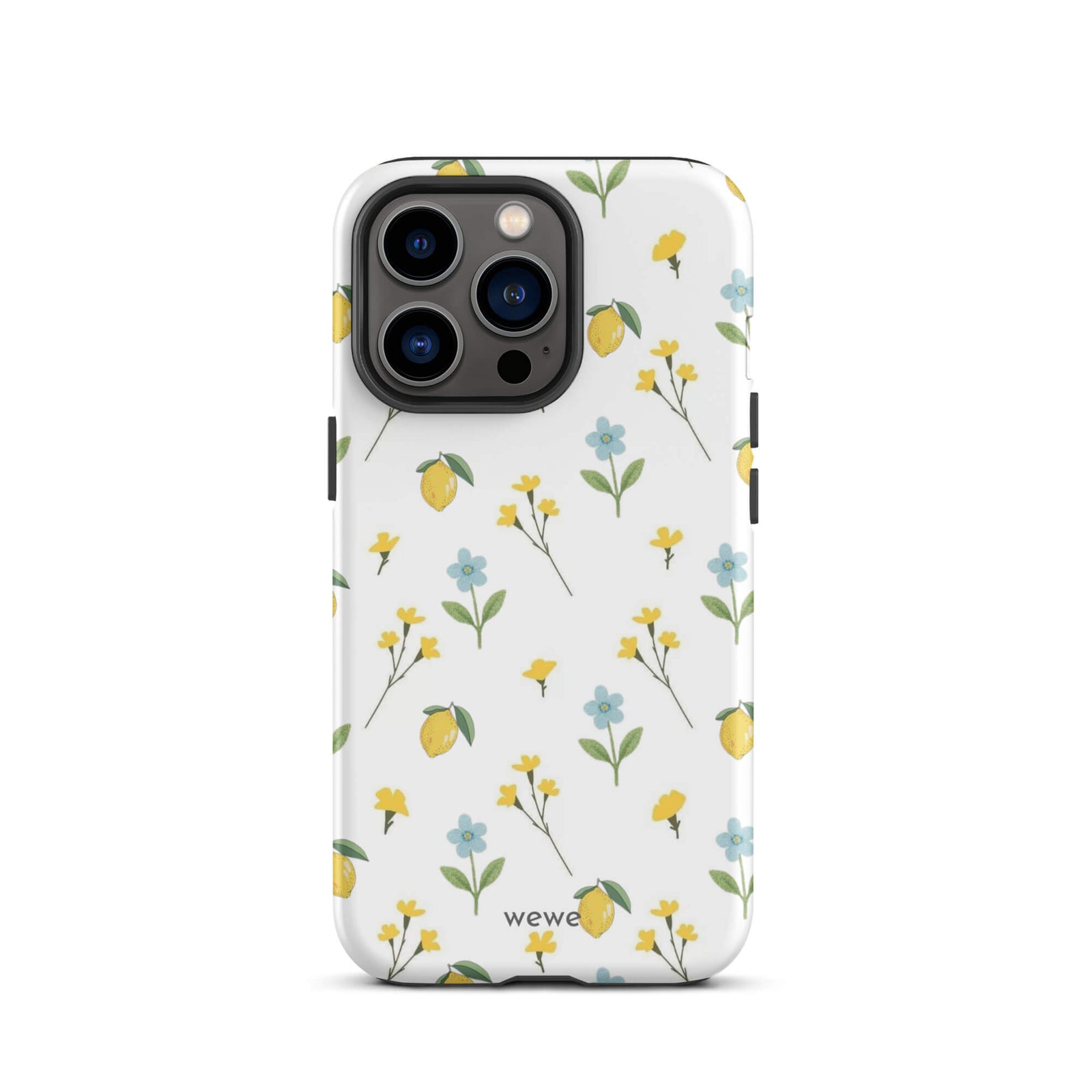 Custom iPhone case 13 pro with a cute and whimsical pattern of watercolor lemons, yellow and blue flowers on a white background.