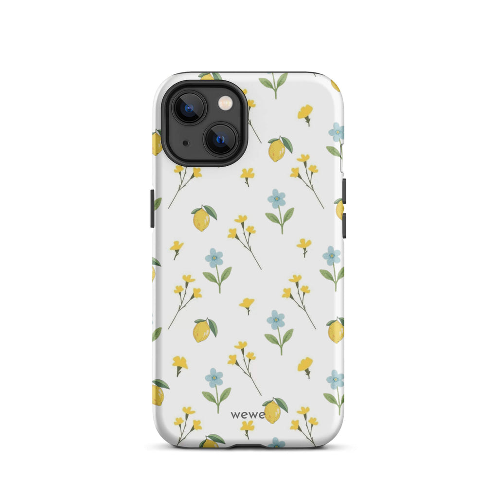 Custom iPhone case 13 with a cute and whimsical pattern of watercolor lemons, yellow and blue flowers on a white background.
