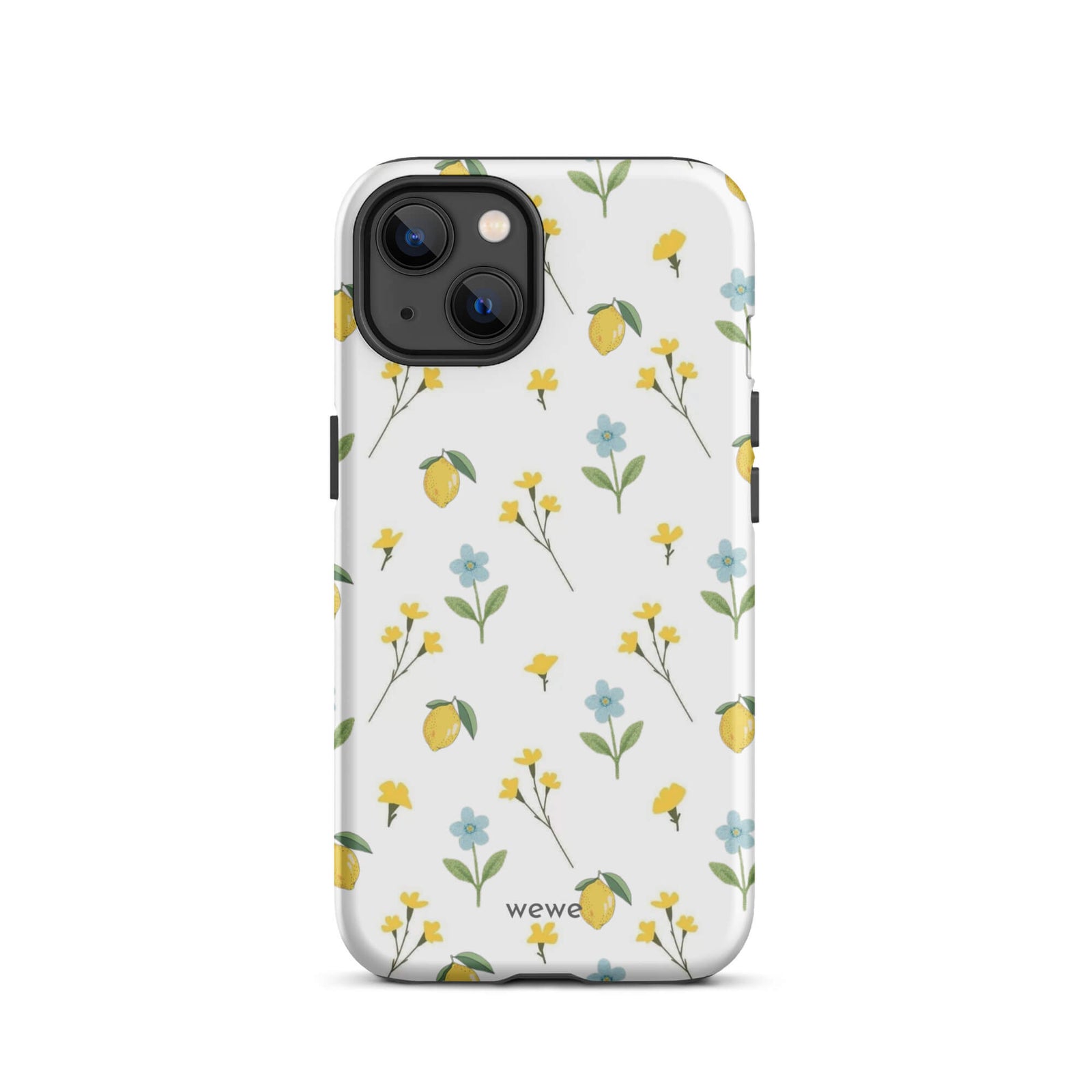Custom iPhone case 13 with a cute and whimsical pattern of watercolor lemons, yellow and blue flowers on a white background.