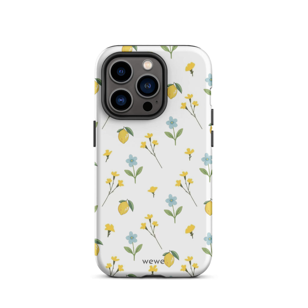 Custom iPhone case 14 pro with a cute and whimsical pattern of watercolor lemons, yellow and blue flowers on a white background.