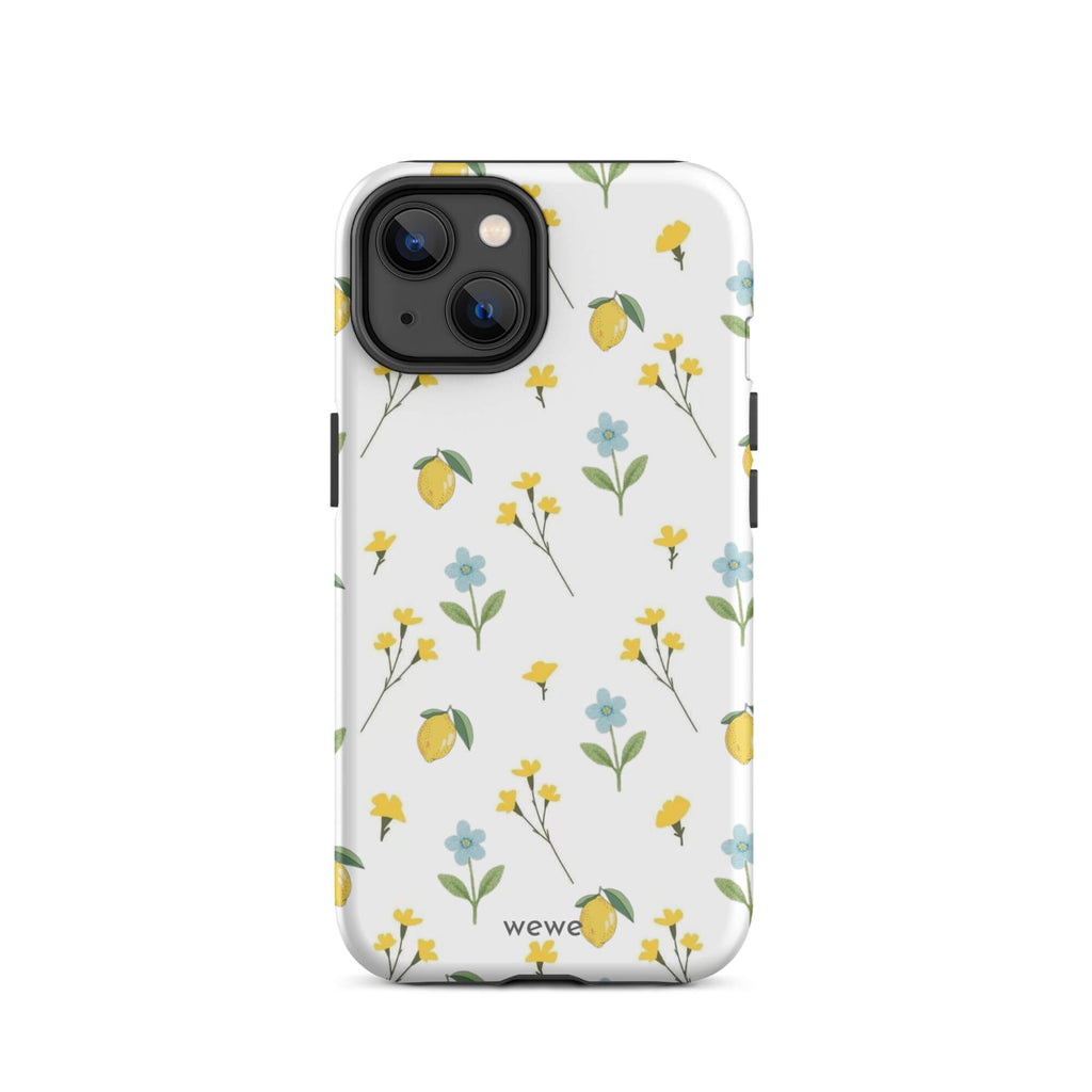 Custom iPhone case 14 with a cute and whimsical pattern of watercolor lemons, yellow and blue flowers on a white background.