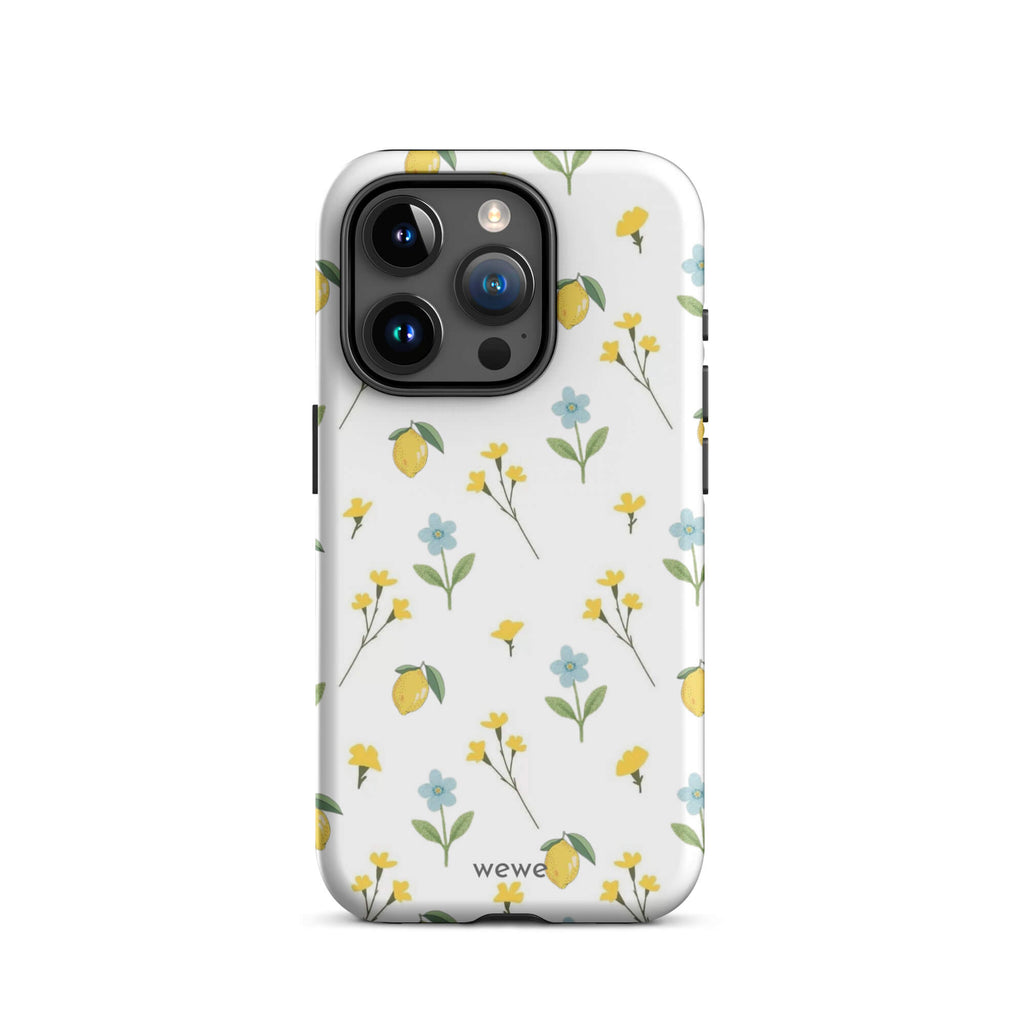 Custom iPhone case 15 pro with a cute and whimsical pattern of watercolor lemons, yellow and blue flowers on a white background.