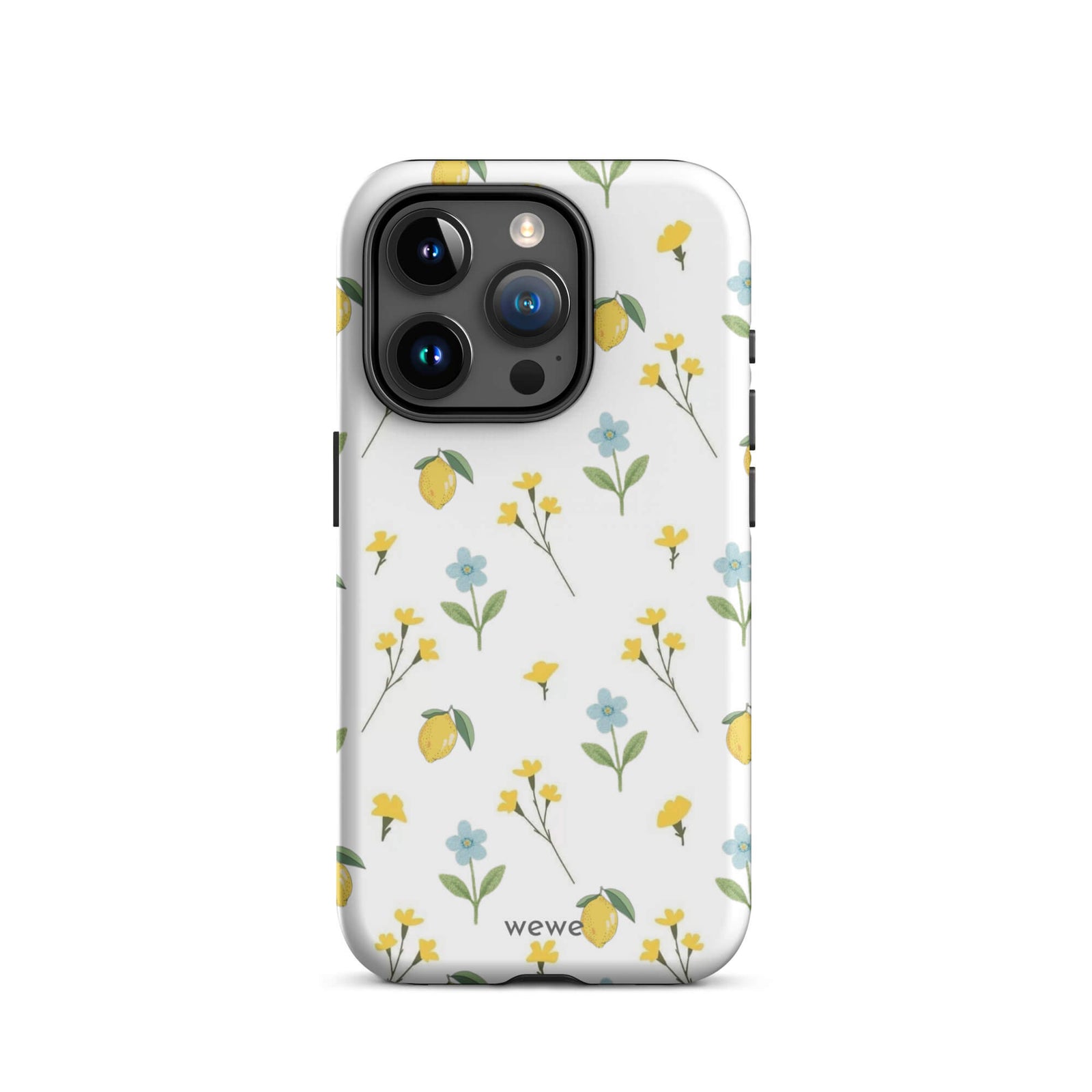 Custom iPhone case 15 pro with a cute and whimsical pattern of watercolor lemons, yellow and blue flowers on a white background.