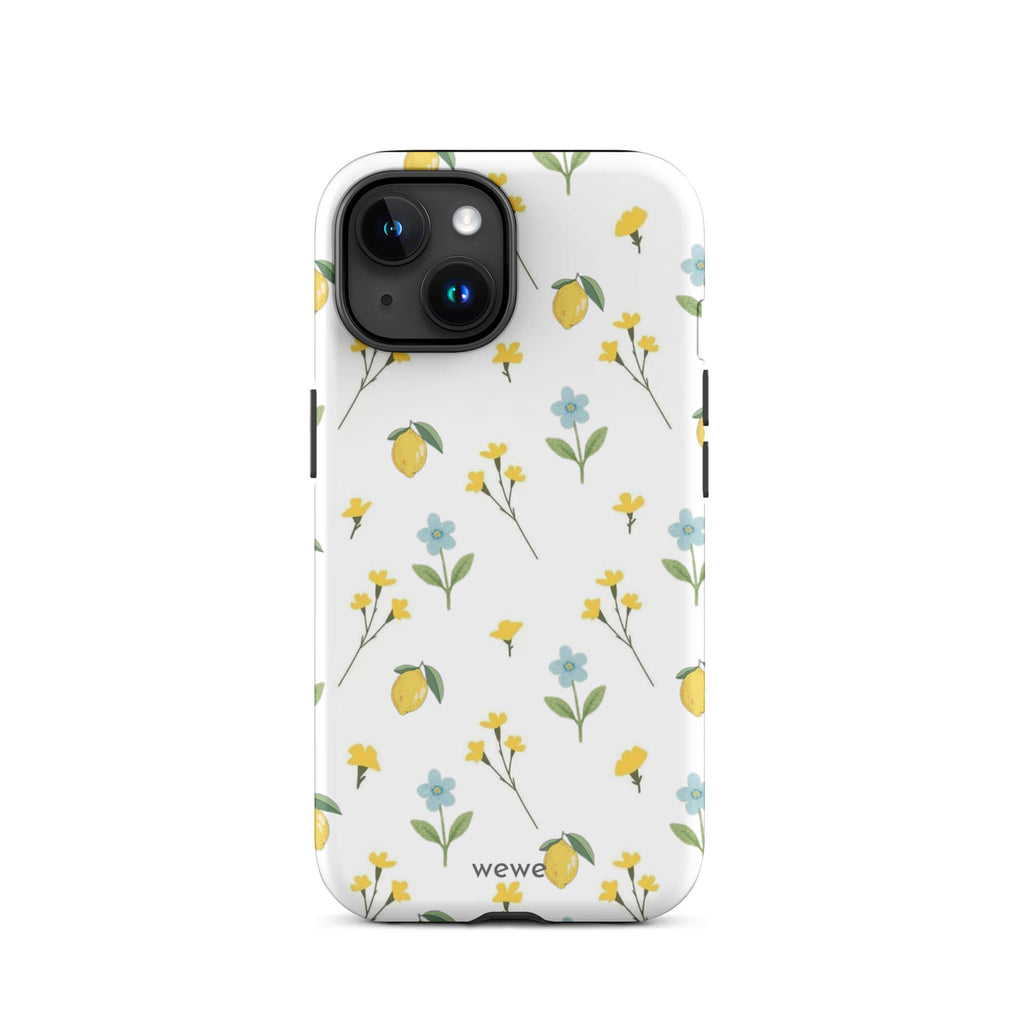 Custom iPhone case 15 with a cute and whimsical pattern of watercolor lemons, yellow and blue flowers on a white background.