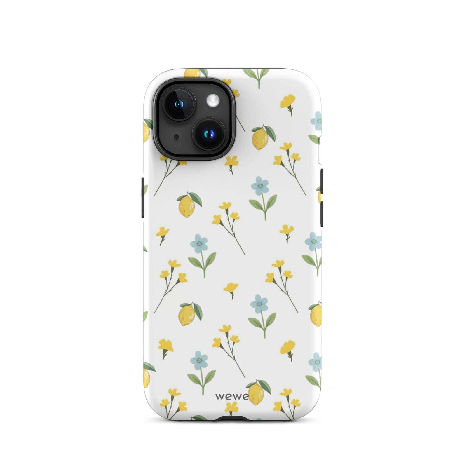 Custom iPhone case 15 with a cute and whimsical pattern of watercolor lemons, yellow and blue flowers on a white background.