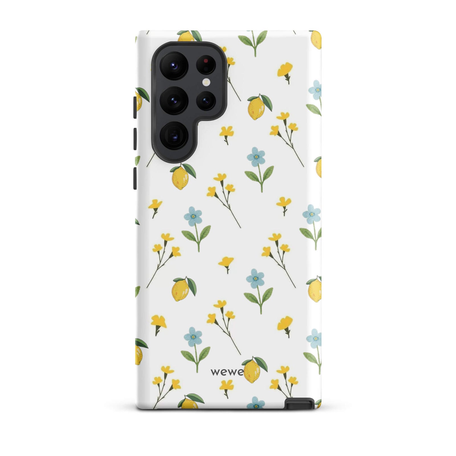 Custom samsunng galaxy s22 ultra  Phone case with a cute and whimsical pattern of watercolor lemons, yellow and blue flowers on a white background.