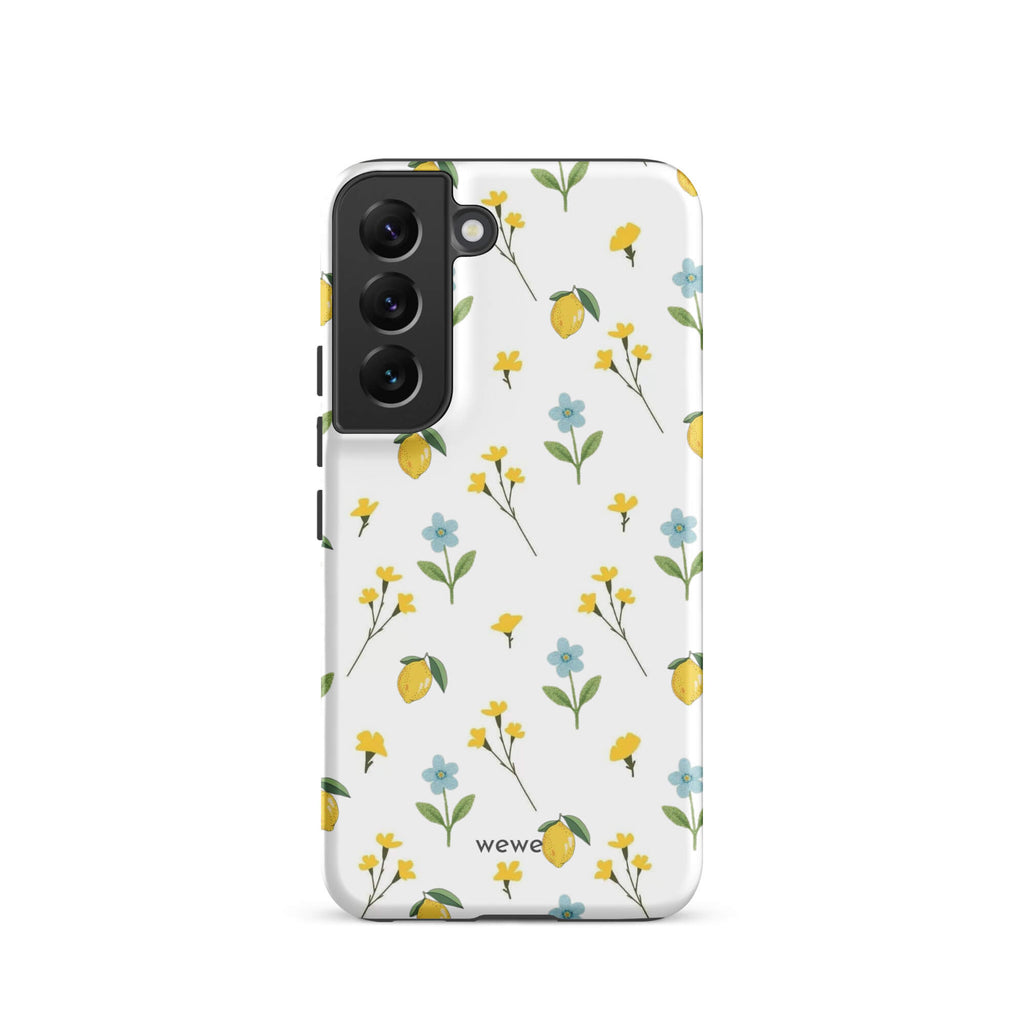 Custom samsunng galaxy s22 Phone case with a cute and whimsical pattern of watercolor lemons, yellow and blue flowers on a white background.