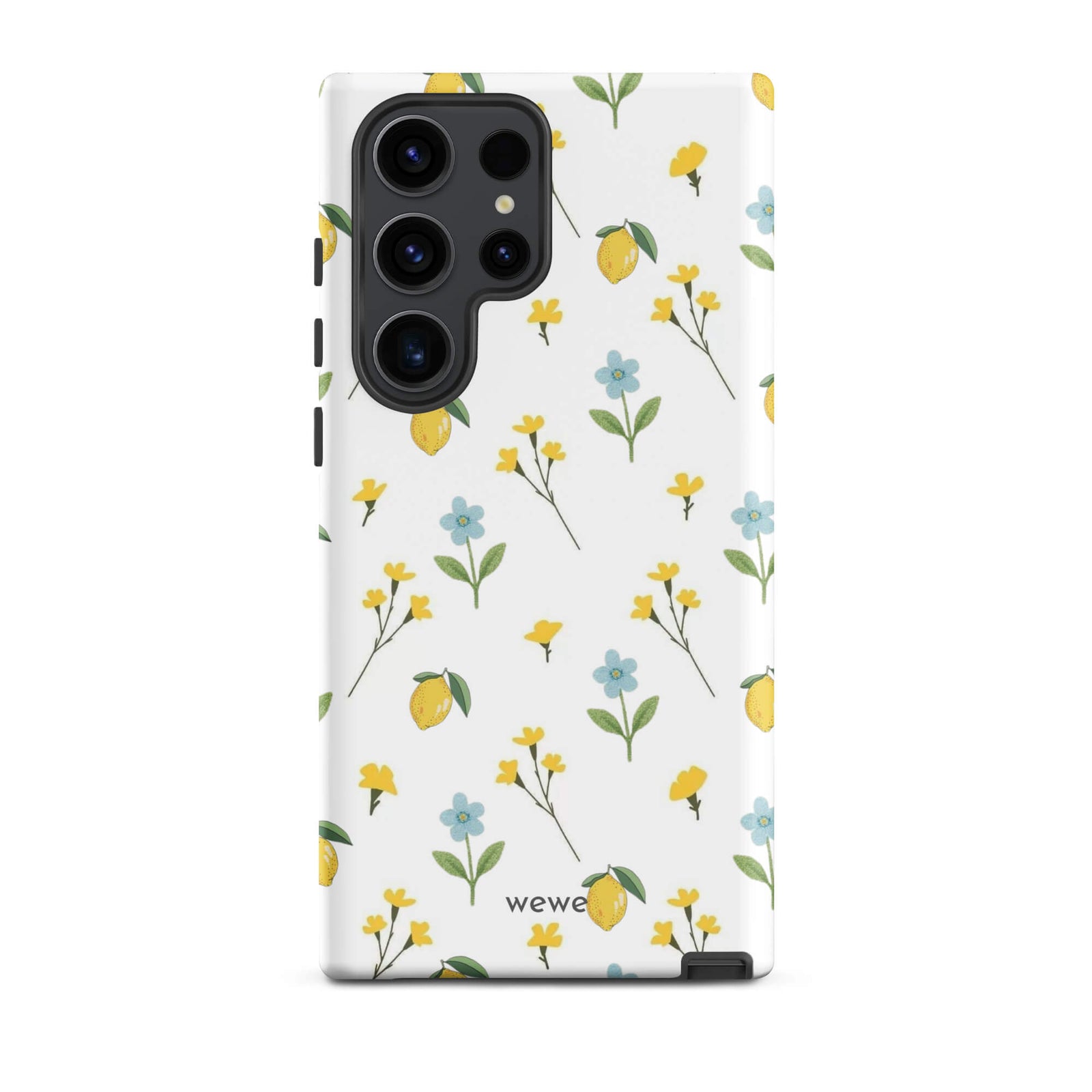 Custom samsunng galaxy s23 ultra  Phone case with a cute and whimsical pattern of watercolor lemons, yellow and blue flowers on a white background.