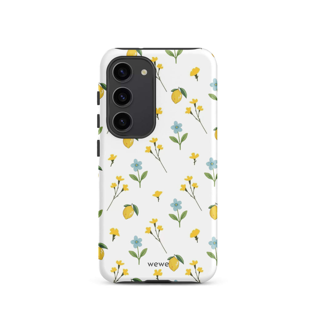 Custom samsunng galaxy s23 Phone case with a cute and whimsical pattern of watercolor lemons, yellow and blue flowers on a white background.
