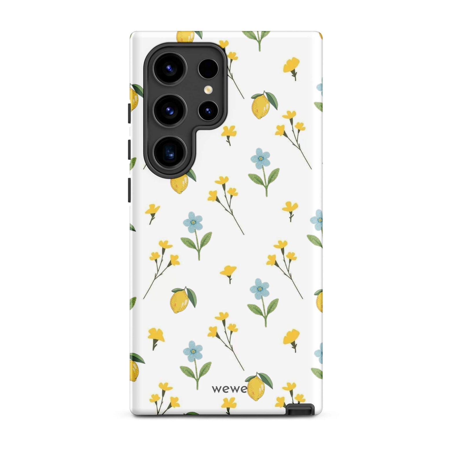 Custom samsunng galaxy s24 ultra  Phone case with a cute and whimsical pattern of watercolor lemons, yellow and blue flowers on a white background.