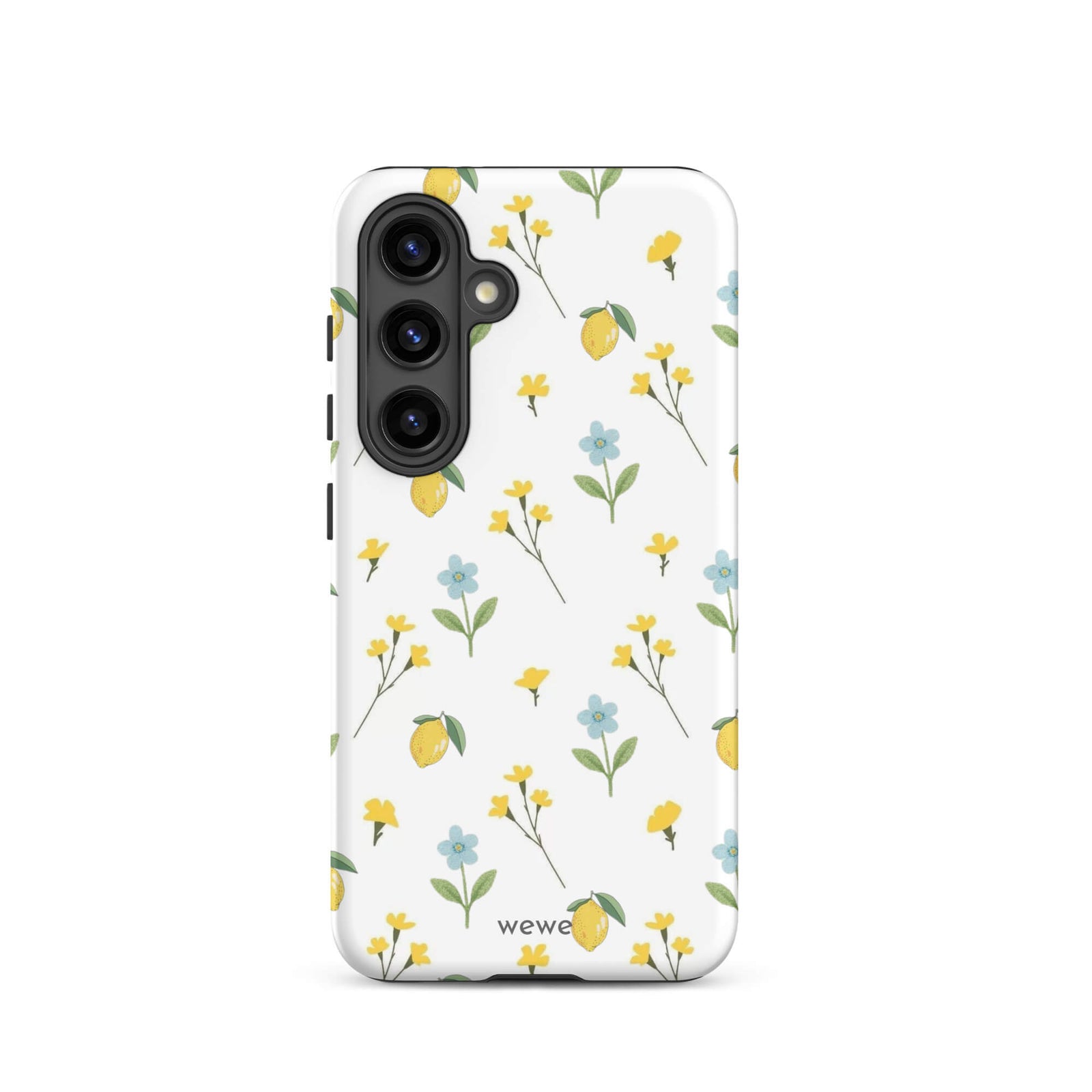 Custom samsunng galaxy s24 Phone case with a cute and whimsical pattern of watercolor lemons, yellow and blue flowers on a white background.