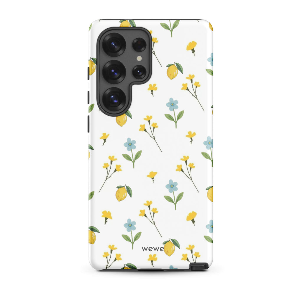 Custom samsunng galaxy s25 ultra  Phone case with a cute and whimsical pattern of watercolor lemons, yellow and blue flowers on a white background.
