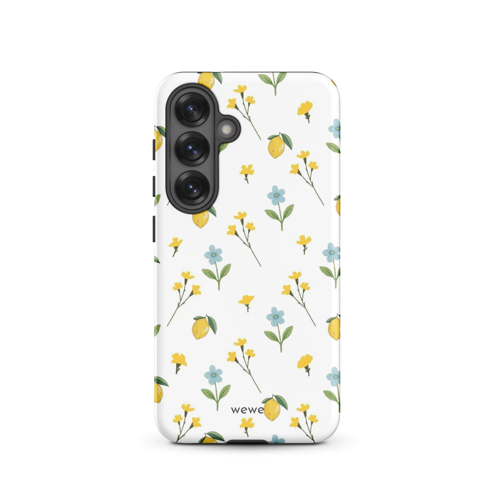 Custom samsunng galaxy s25 Phone case with a cute and whimsical pattern of watercolor lemons, yellow and blue flowers on a white background.