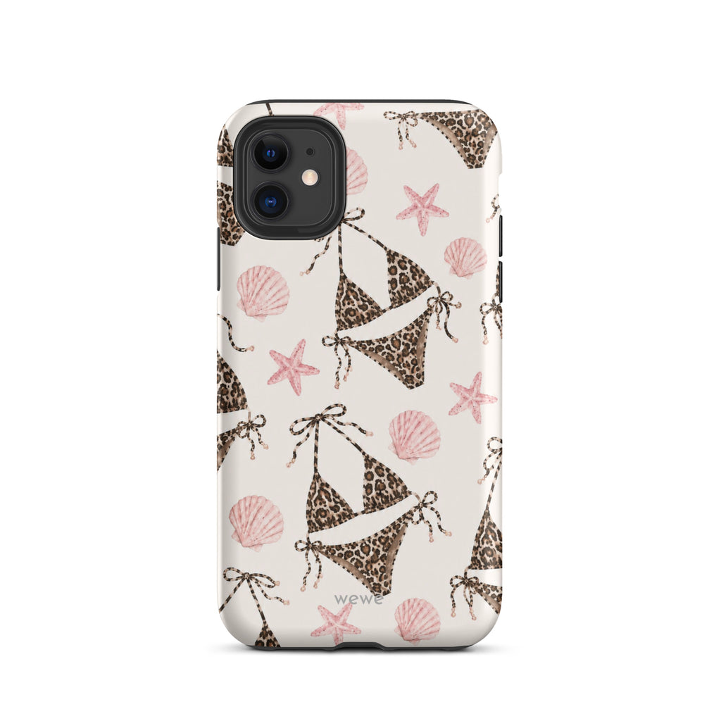 Leopard Bikini Beach Phone Case featuring brown animal-print bikinis, blush pink seashells and starfish on a cream background