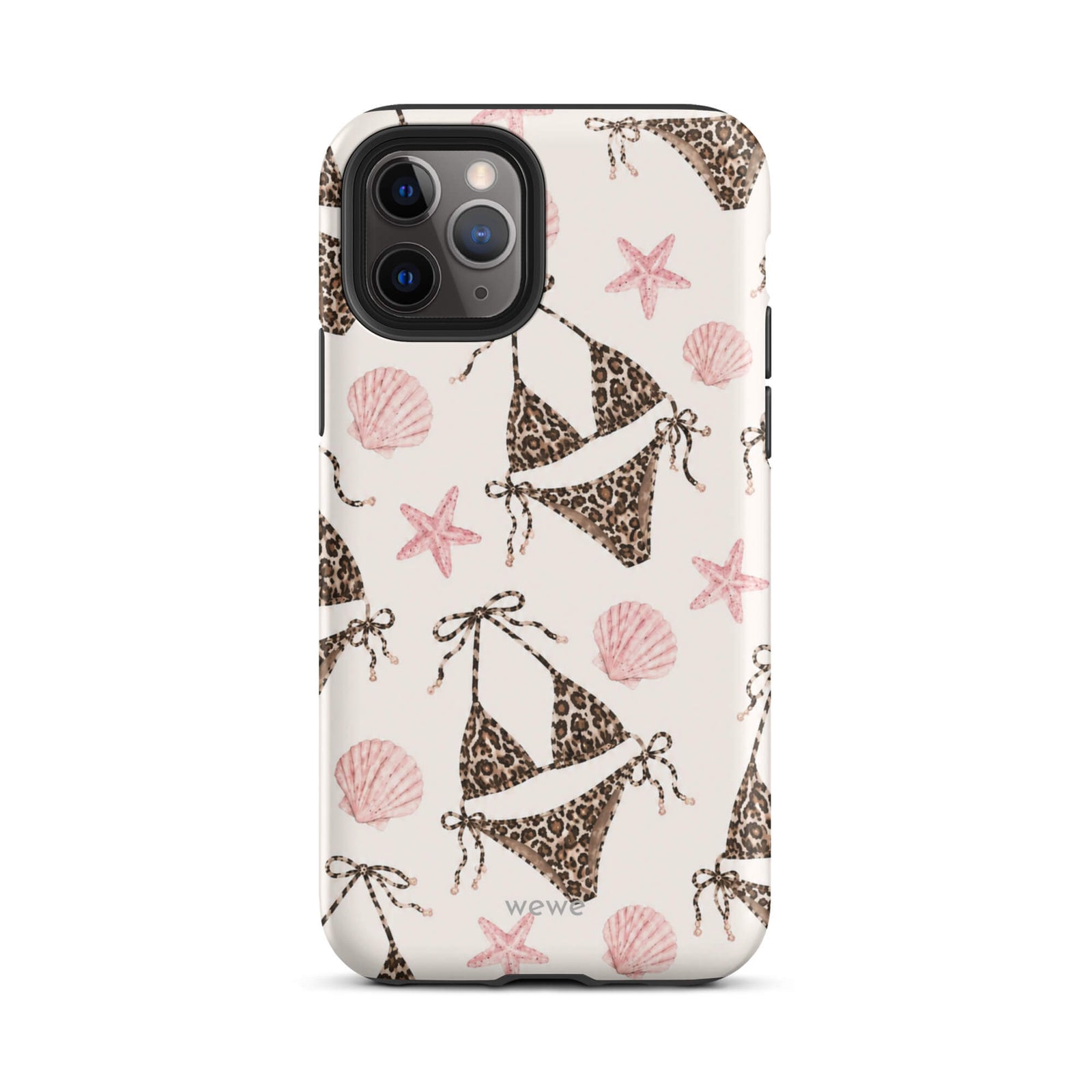 Leopard Bikini Beach Phone Case featuring brown animal-print bikinis, blush pink seashells and starfish on a cream background