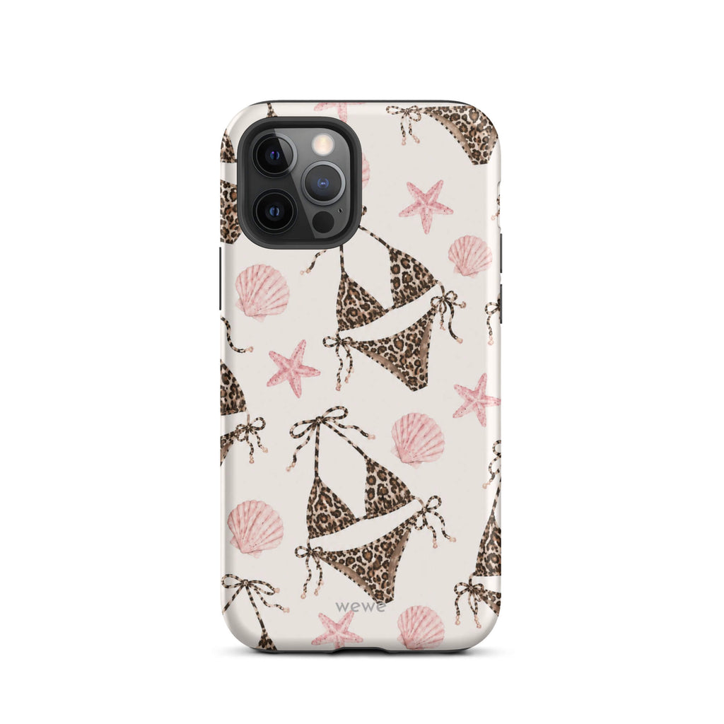 Leopard Bikini Beach Phone Case featuring brown animal-print bikinis, blush pink seashells and starfish on a cream background