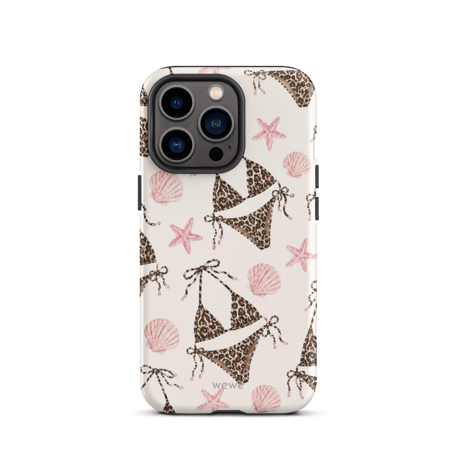Leopard Bikini Beach Phone Case featuring brown animal-print bikinis, blush pink seashells and starfish on a cream background