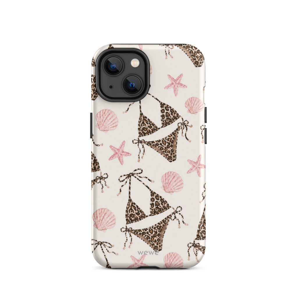 Leopard Bikini Beach Phone Case featuring brown animal-print bikinis, blush pink seashells and starfish on a cream background