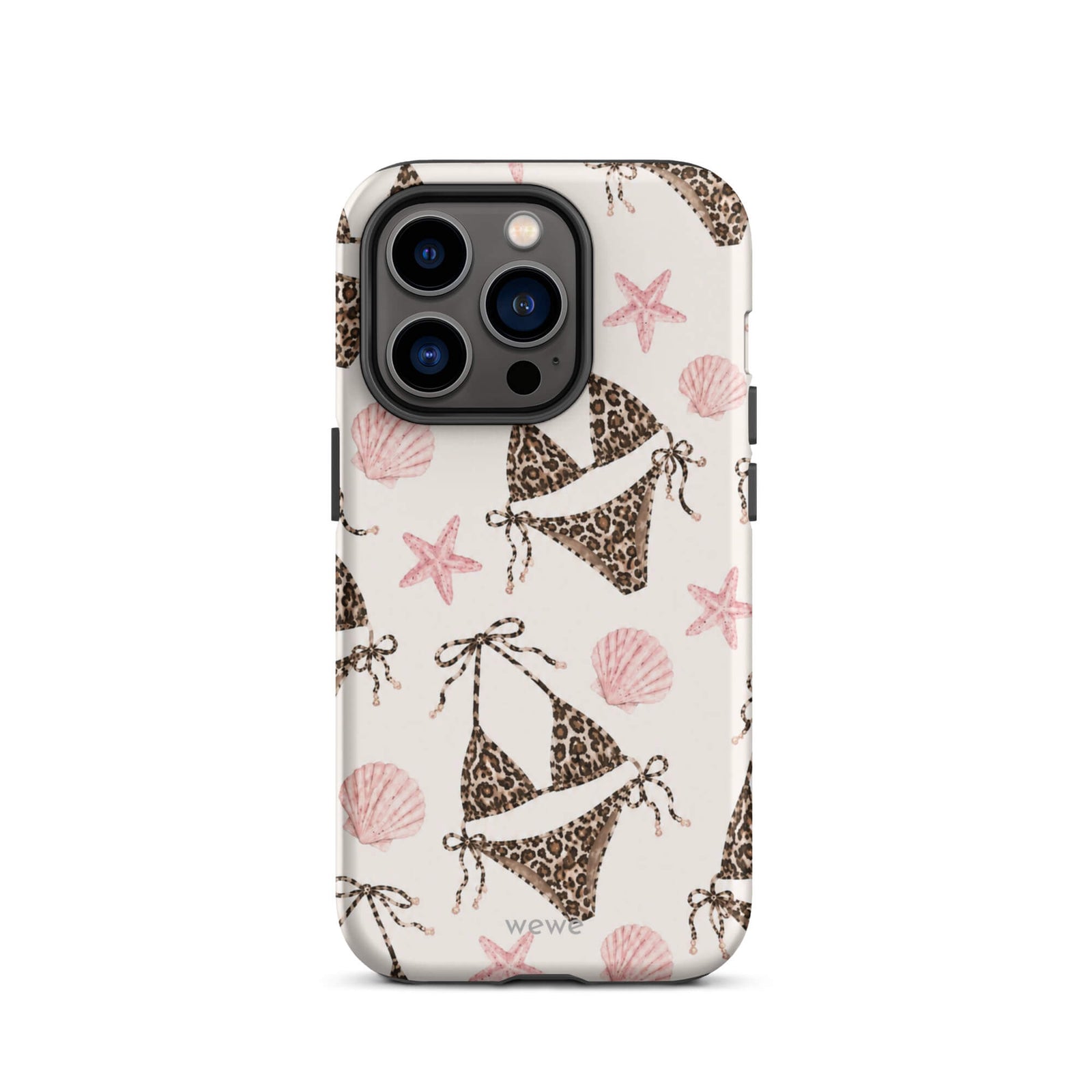 Leopard Bikini Beach Phone Case featuring brown animal-print bikinis, blush pink seashells and starfish on a cream background