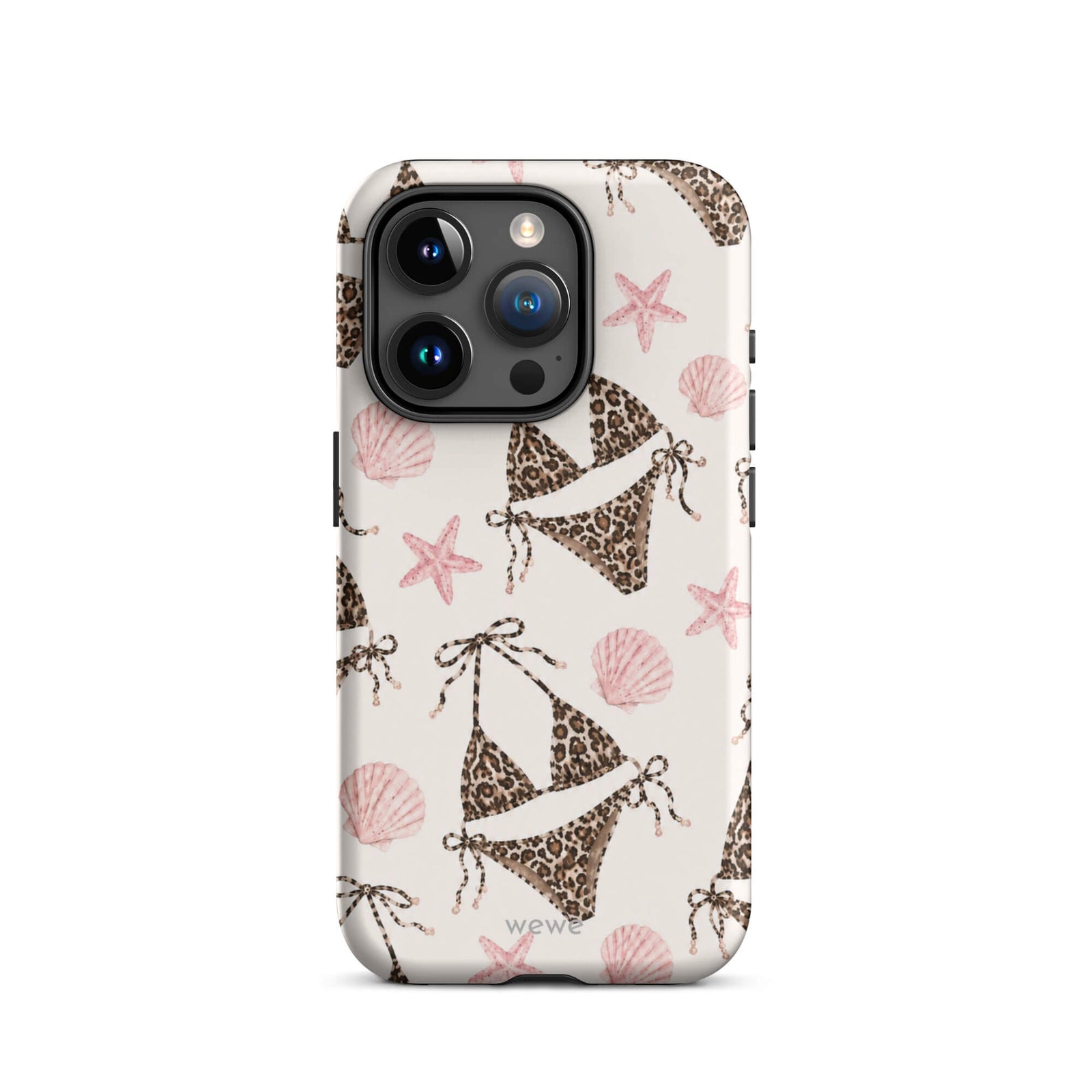 Leopard Bikini Beach Phone Case featuring brown animal-print bikinis, blush pink seashells and starfish on a cream background