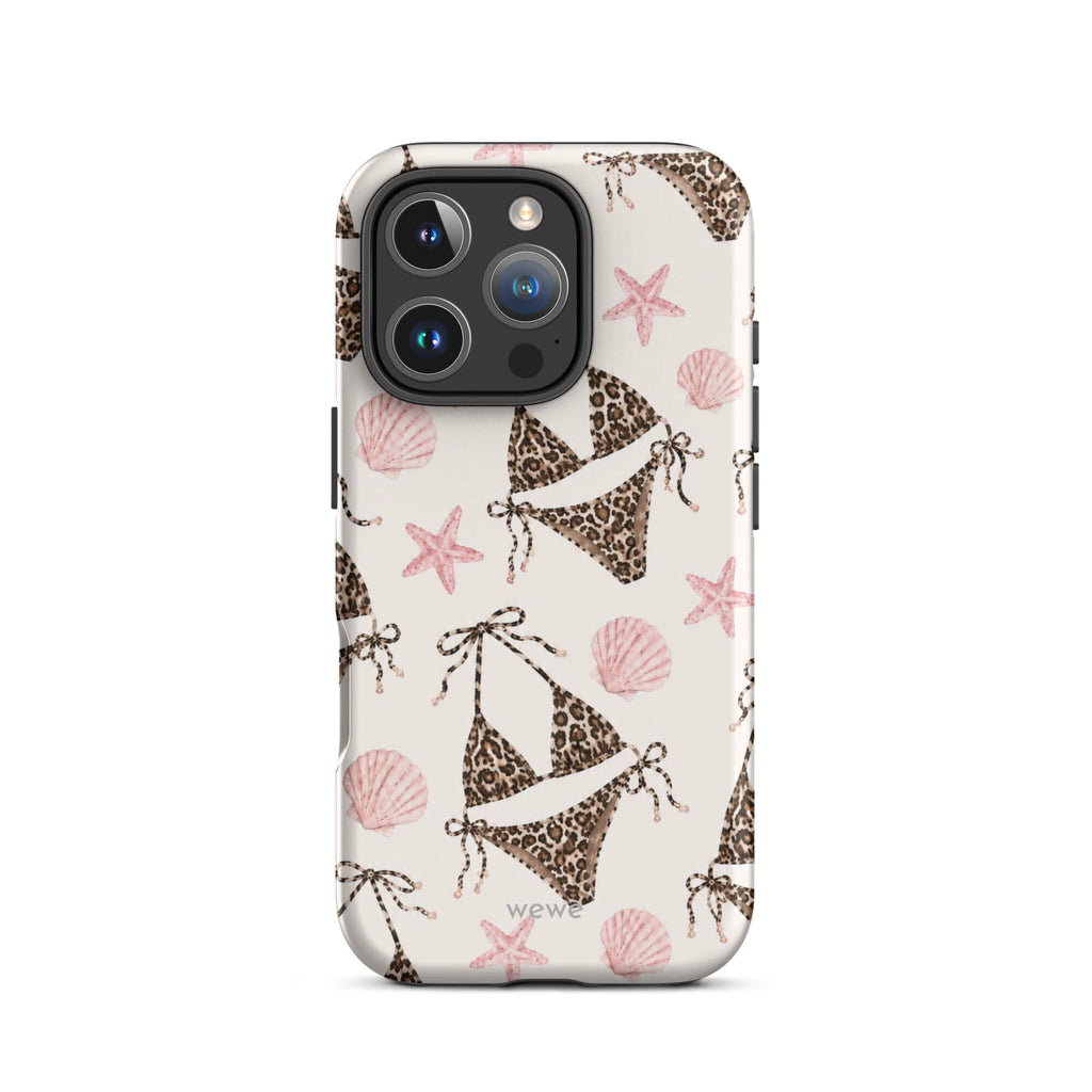 Leopard Bikini Beach Phone Case featuring brown animal-print bikinis, blush pink seashells and starfish on a cream background