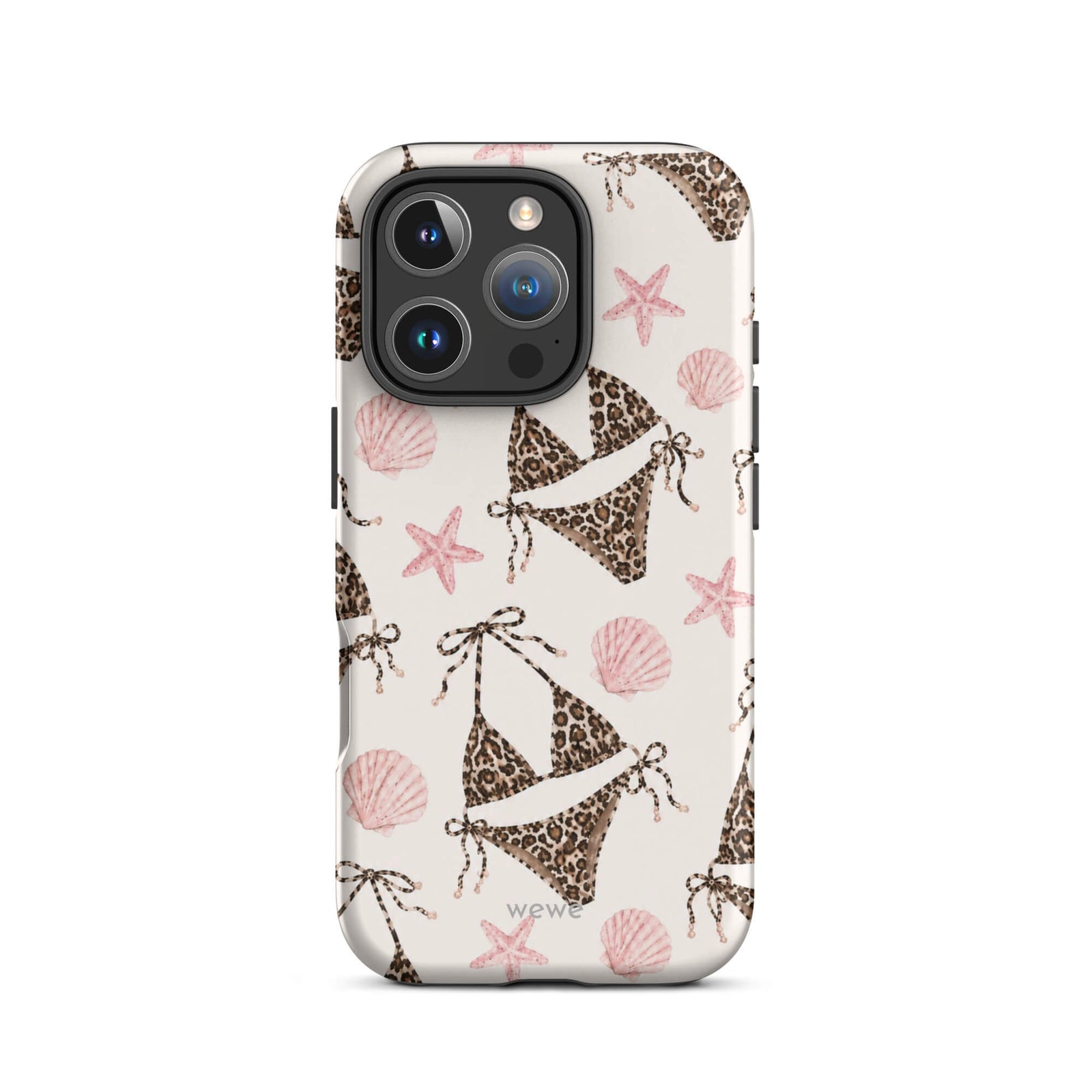 Leopard Bikini Beach Phone Case featuring brown animal-print bikinis, blush pink seashells and starfish on a cream background