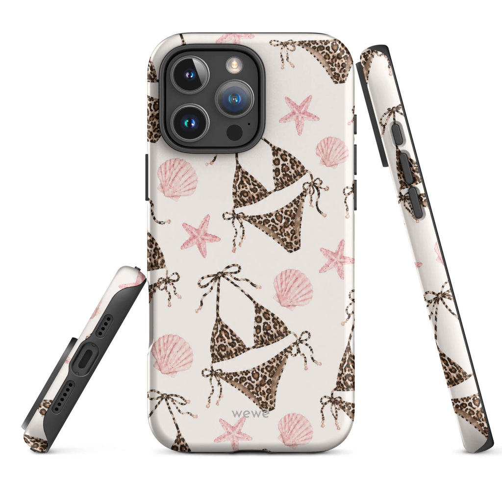 Leopard Bikini Beach Phone Case featuring brown animal-print bikinis, blush pink seashells and starfish on a cream background