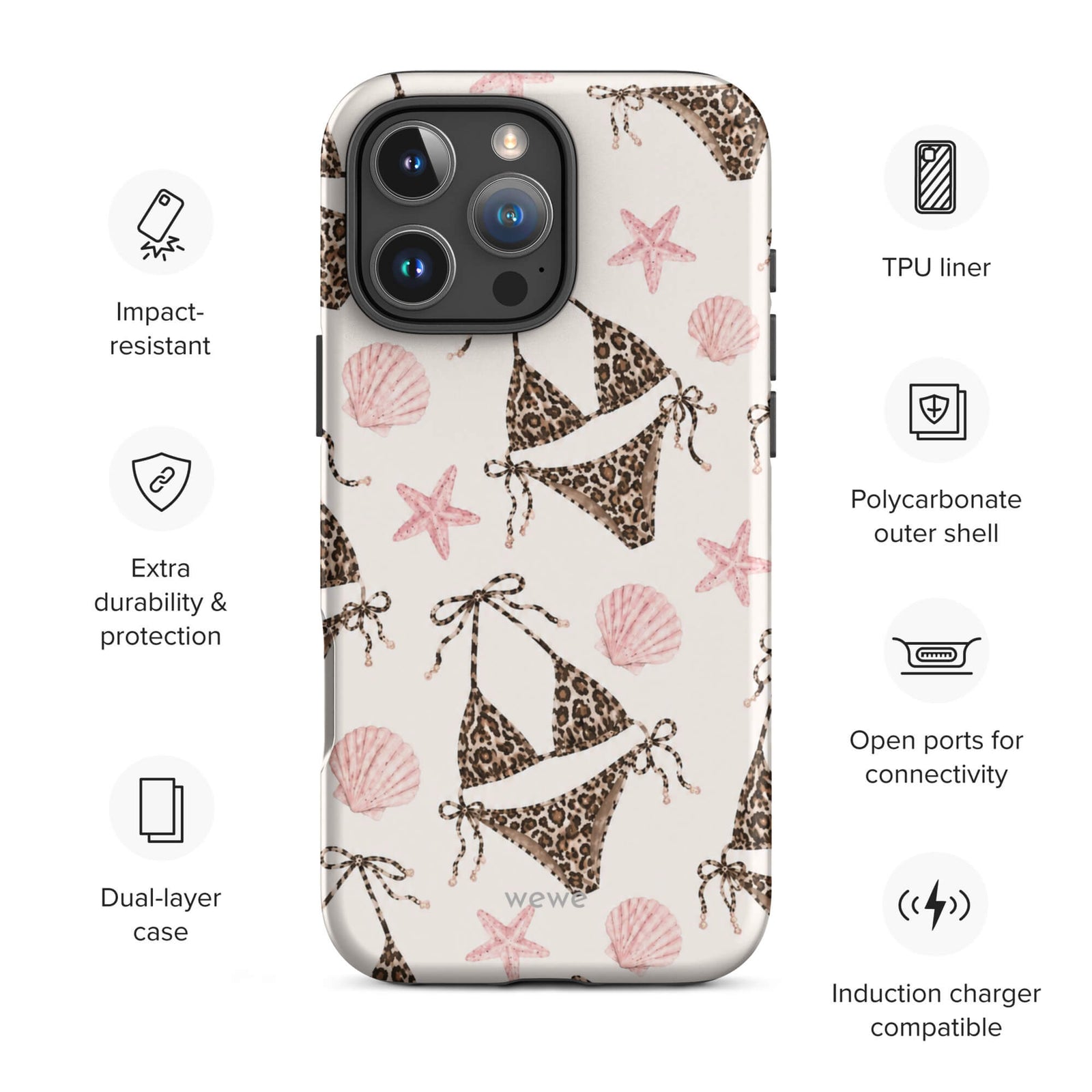 Leopard Bikini Beach Phone Case featuring brown animal-print bikinis, blush pink seashells and starfish on a cream background