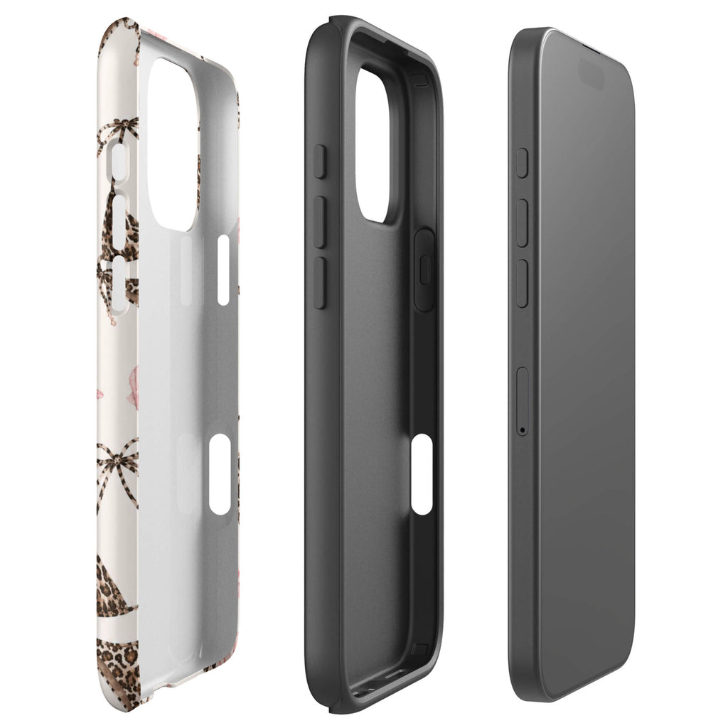 Leopard Bikini Beach Phone Case featuring brown animal-print bikinis, blush pink seashells and starfish on a cream background