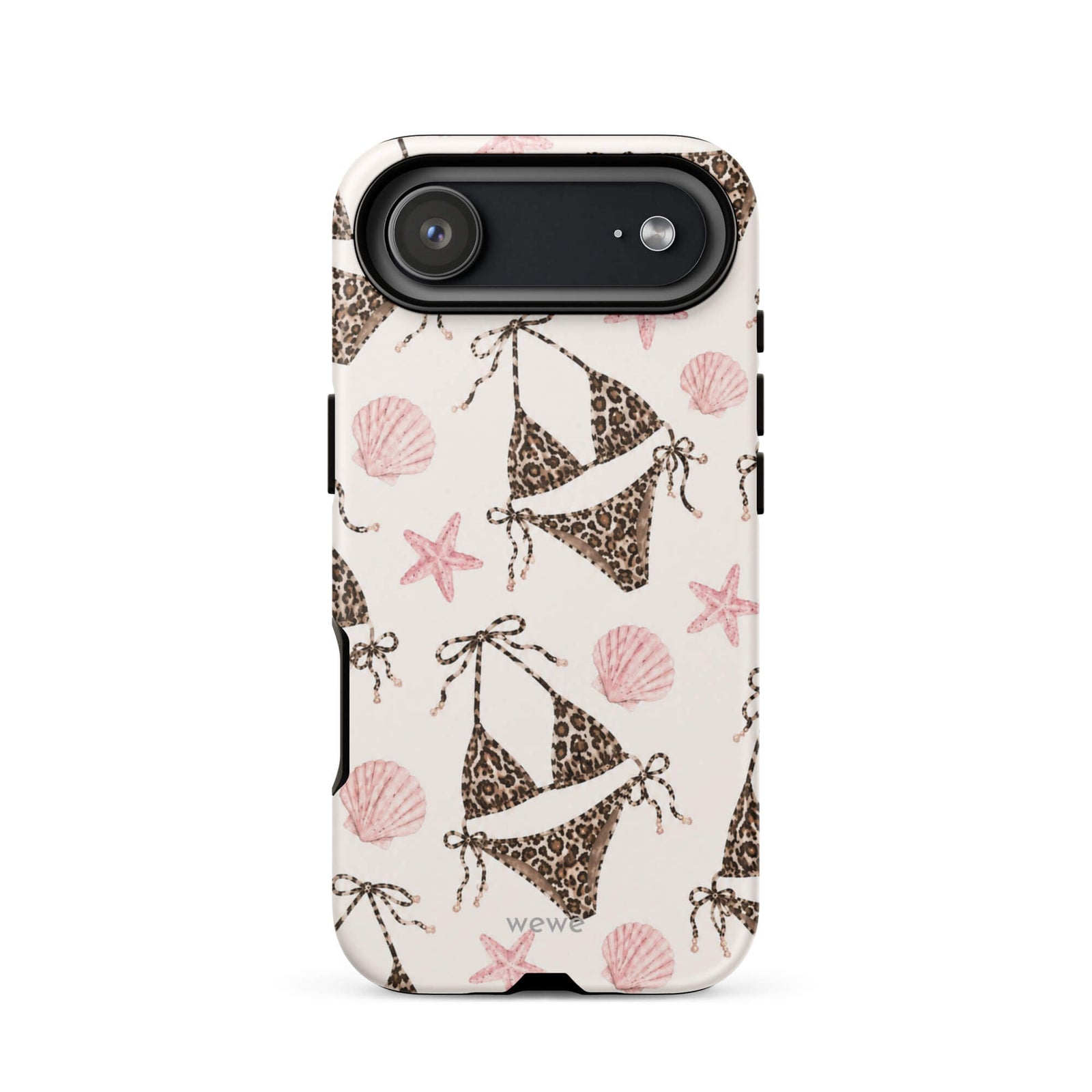 Leopard Bikini Beach Phone Case featuring brown animal-print bikinis, blush pink seashells and starfish on a cream background