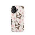 Leopard Bikini Beach Phone Case featuring brown animal-print bikinis, blush pink seashells and starfish on a cream background