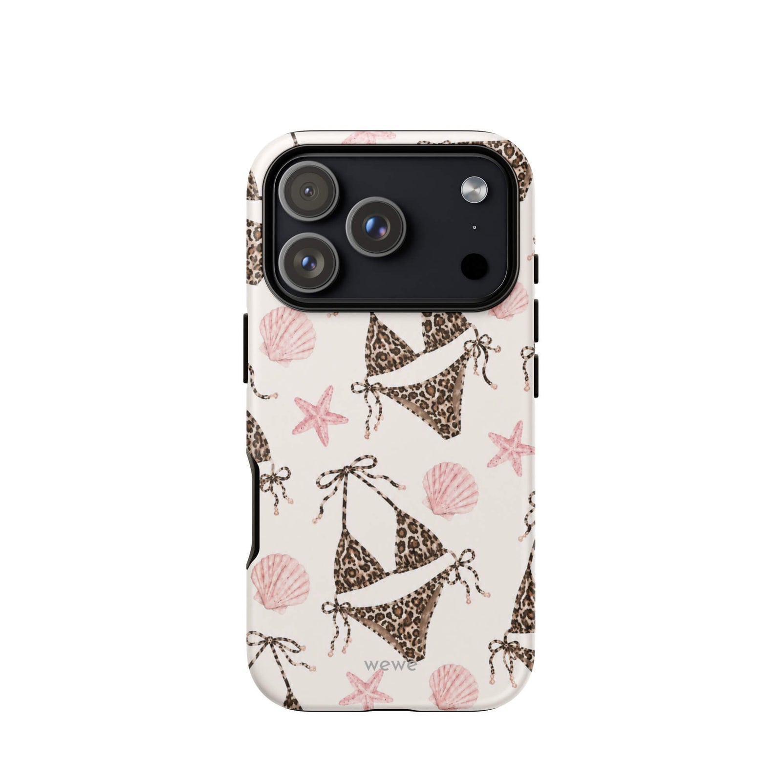 Leopard Bikini Beach Phone Case featuring brown animal-print bikinis, blush pink seashells and starfish on a cream background