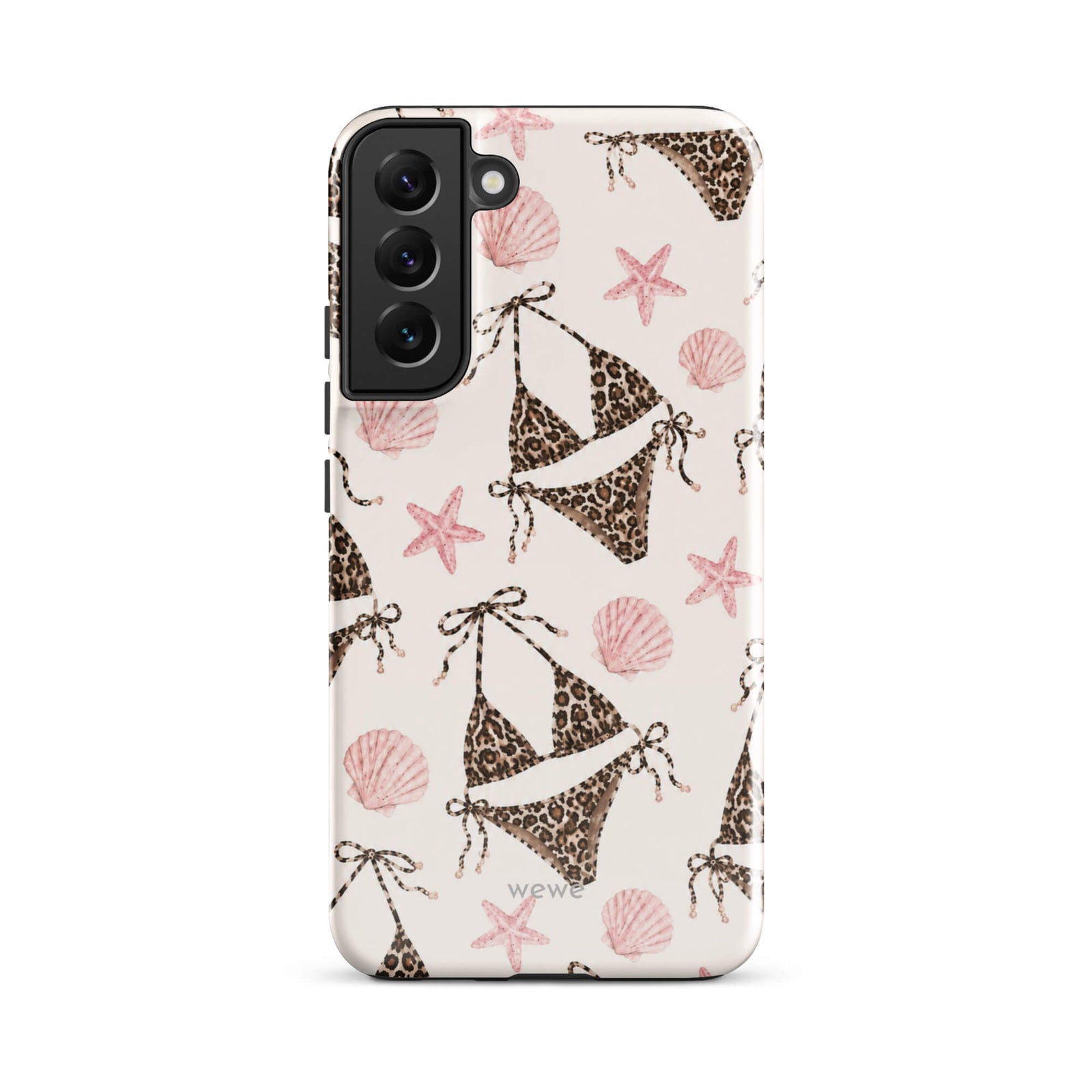 Leopard Bikini Beach Phone Case featuring brown animal-print bikinis, blush pink seashells and starfish on a cream background