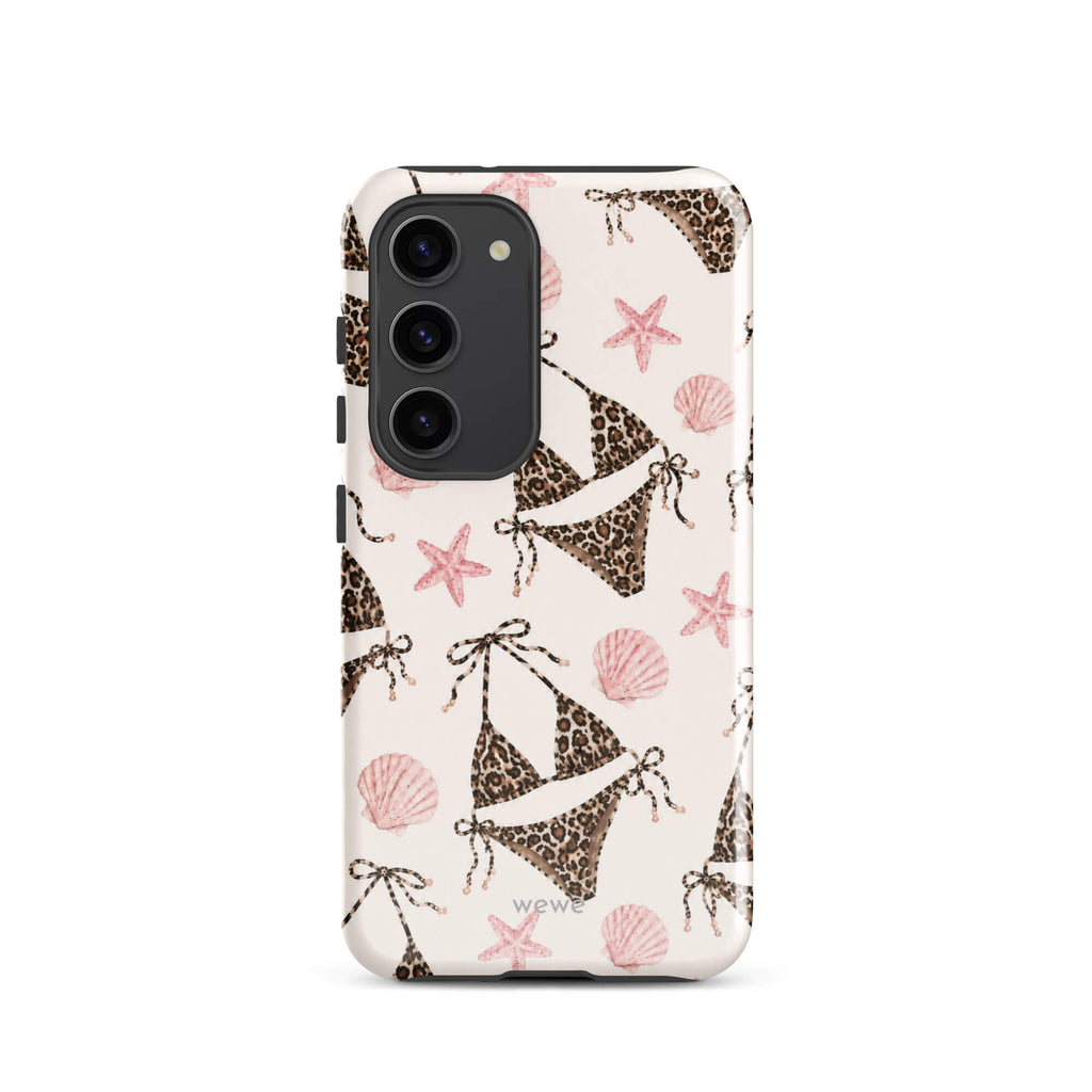 Leopard Bikini Beach Phone Case featuring brown animal-print bikinis, blush pink seashells and starfish on a cream background