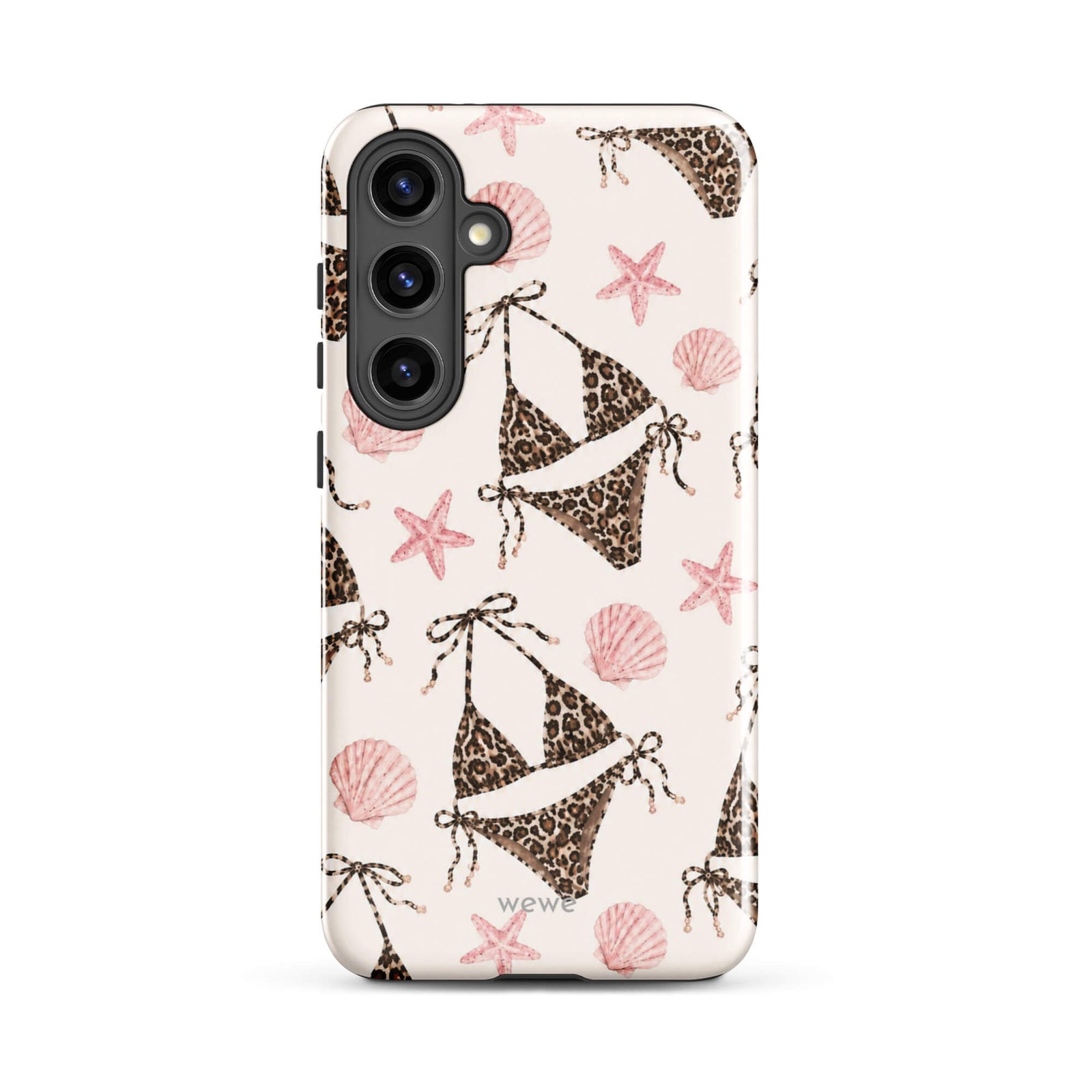 Leopard Bikini Beach Phone Case featuring brown animal-print bikinis, blush pink seashells and starfish on a cream background