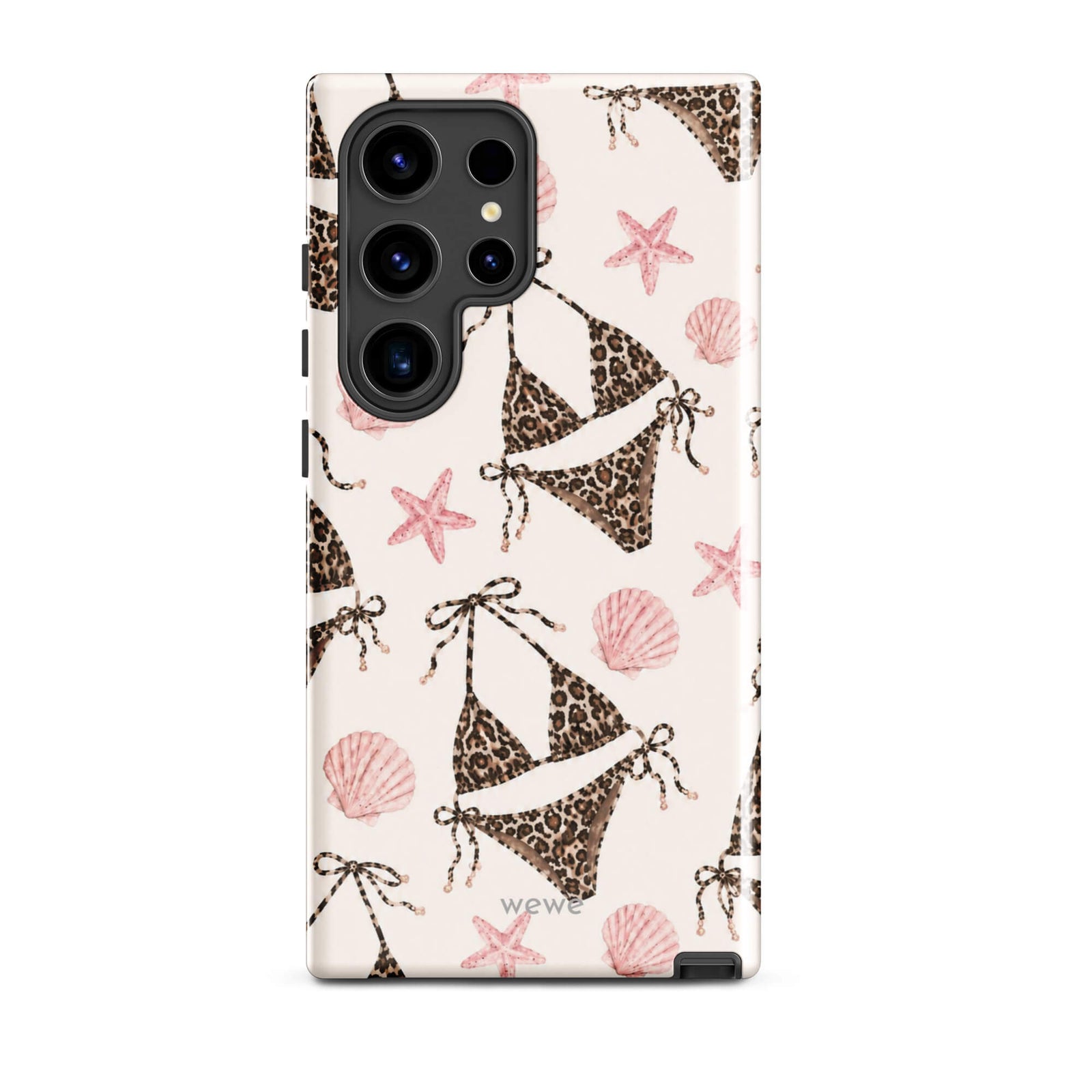 Leopard Bikini Beach Phone Case featuring brown animal-print bikinis, blush pink seashells and starfish on a cream background